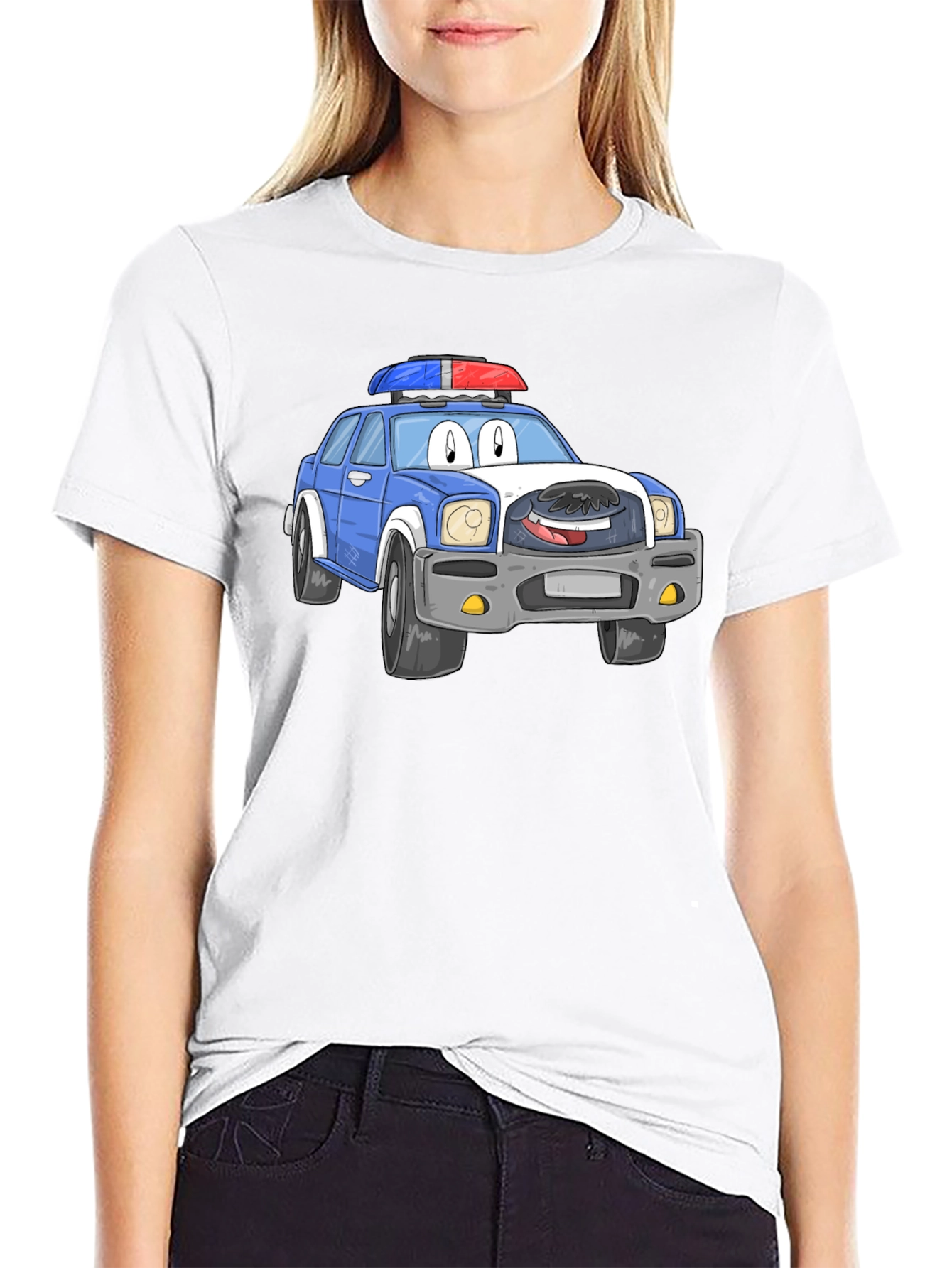 Cartoon Police Car T-Shirt - Black Cotton Blend
