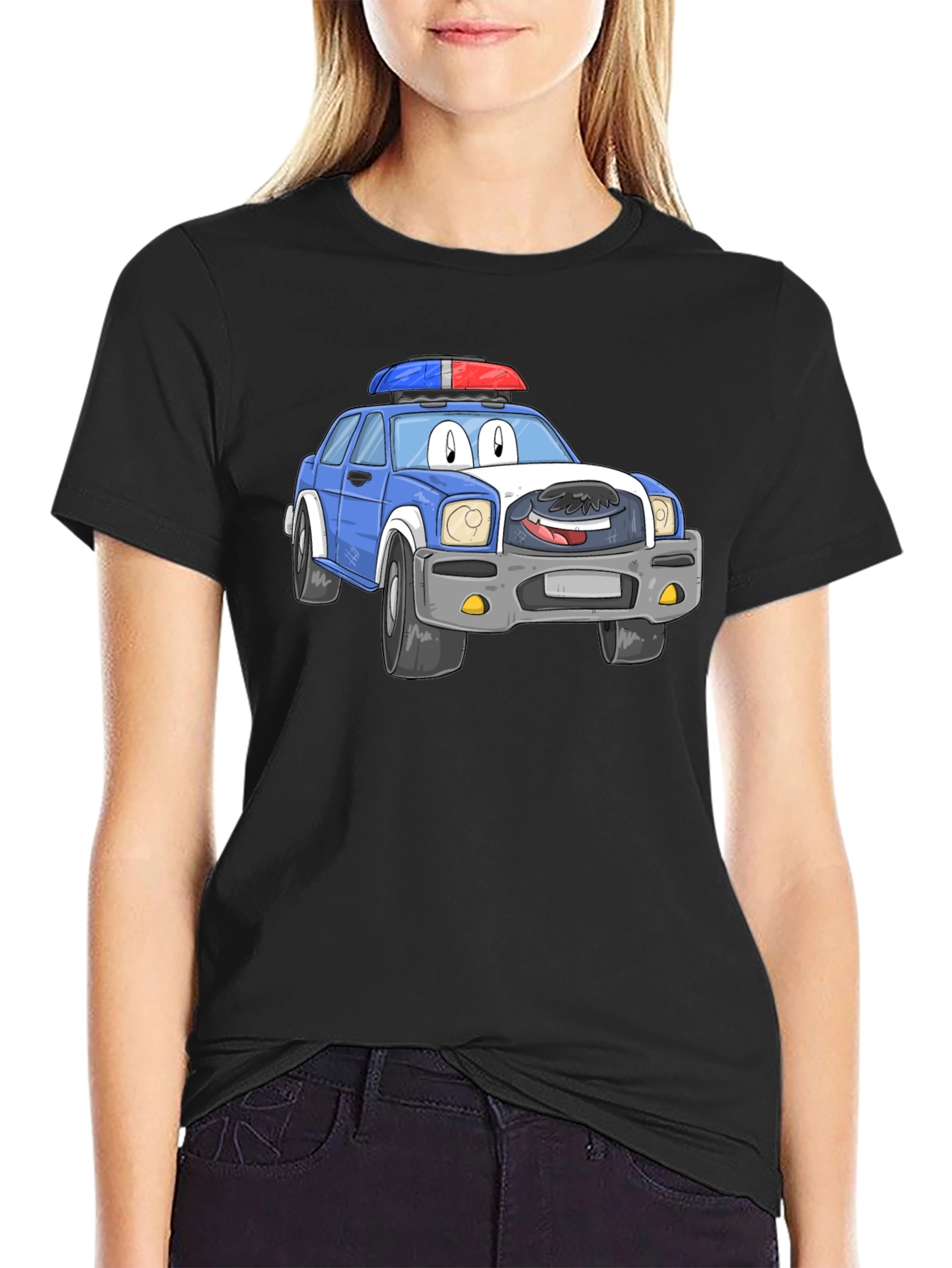 Cartoon Police Car T-Shirt - Black Cotton Blend