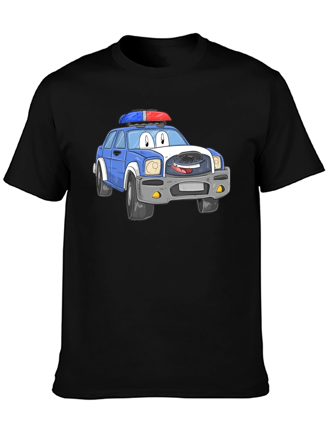 Cartoon Police Car T-Shirt - Black Cotton Blend