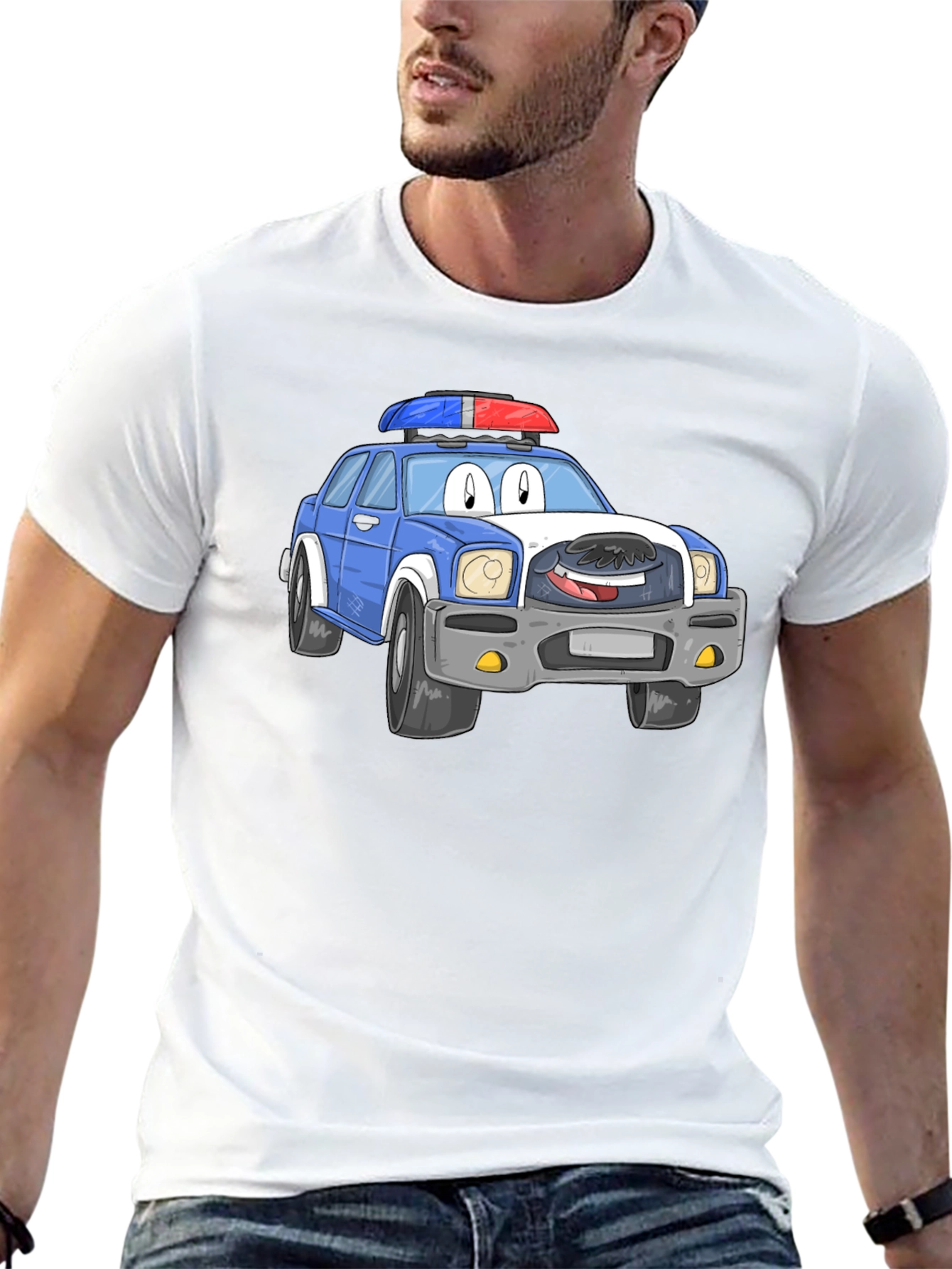 Cartoon Police Car T-Shirt - Black Cotton Blend