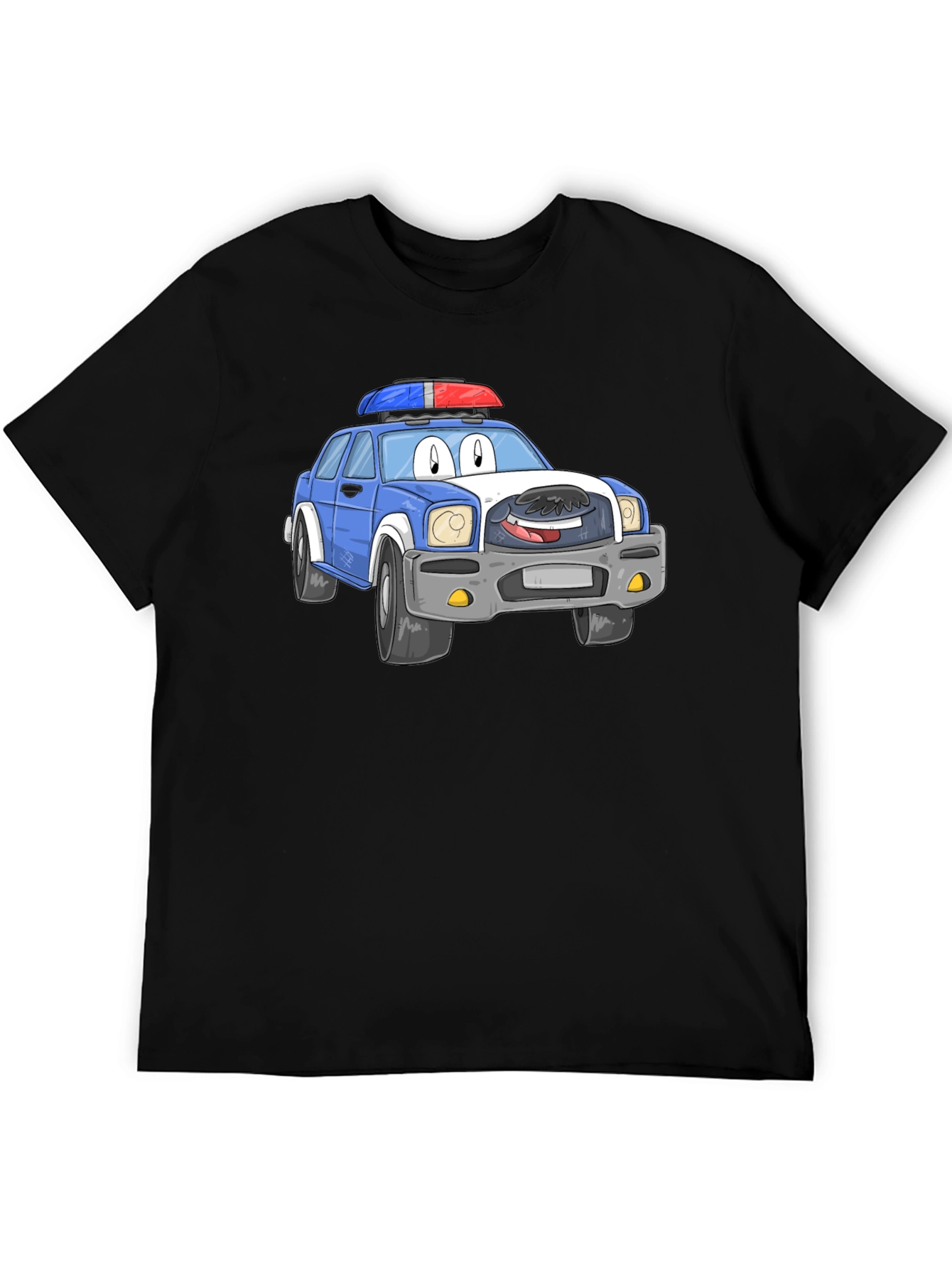Cartoon Police Car T-Shirt - Black Cotton Blend