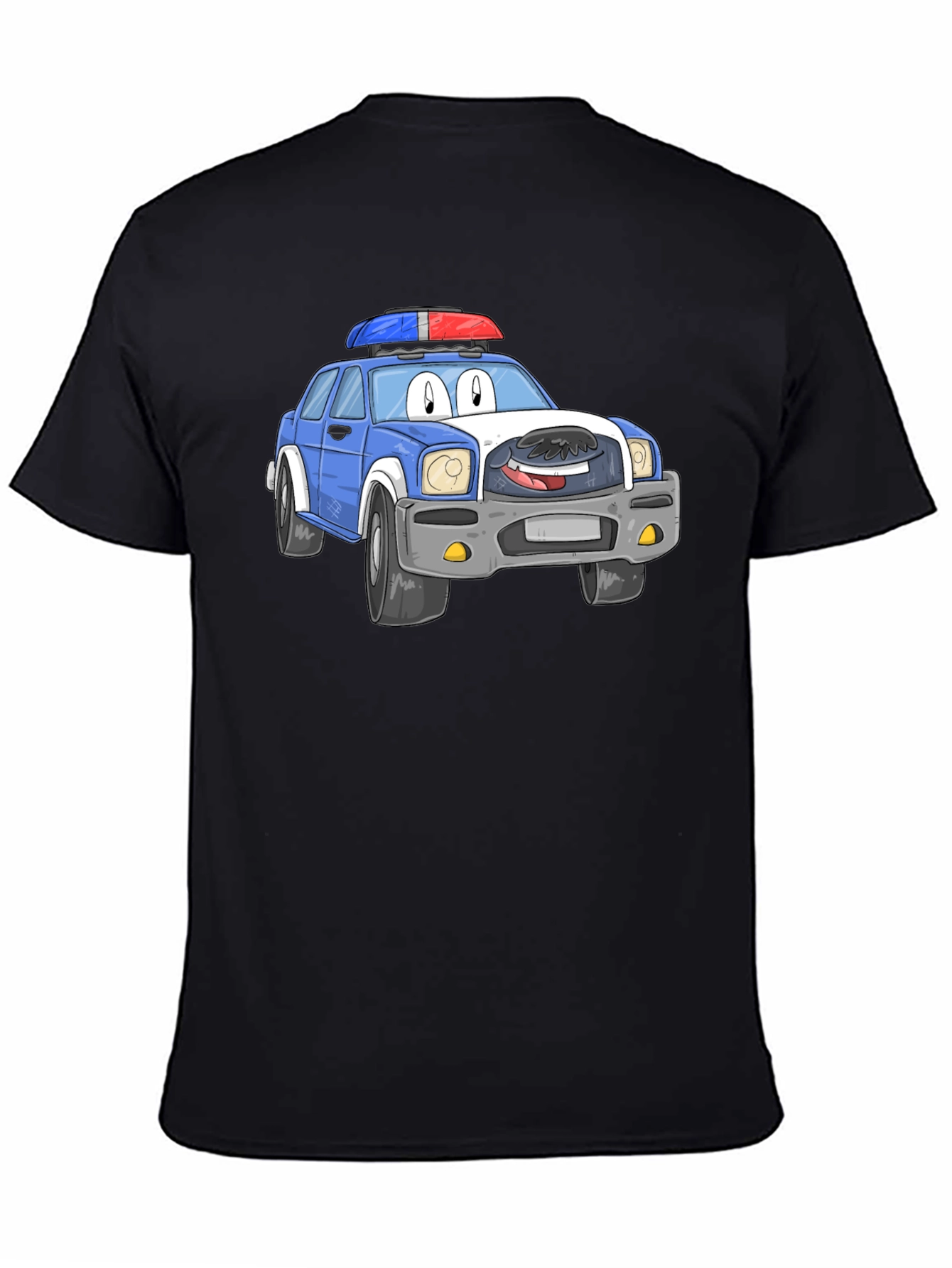 Cartoon Police Car T-Shirt - Black Cotton Blend