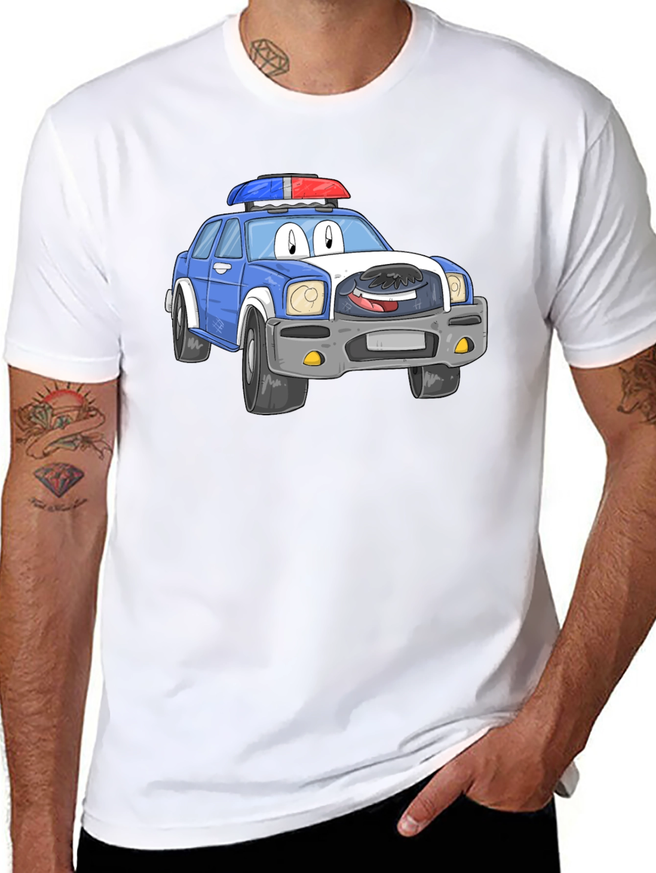 Cartoon Police Car T-Shirt - Black Cotton Blend