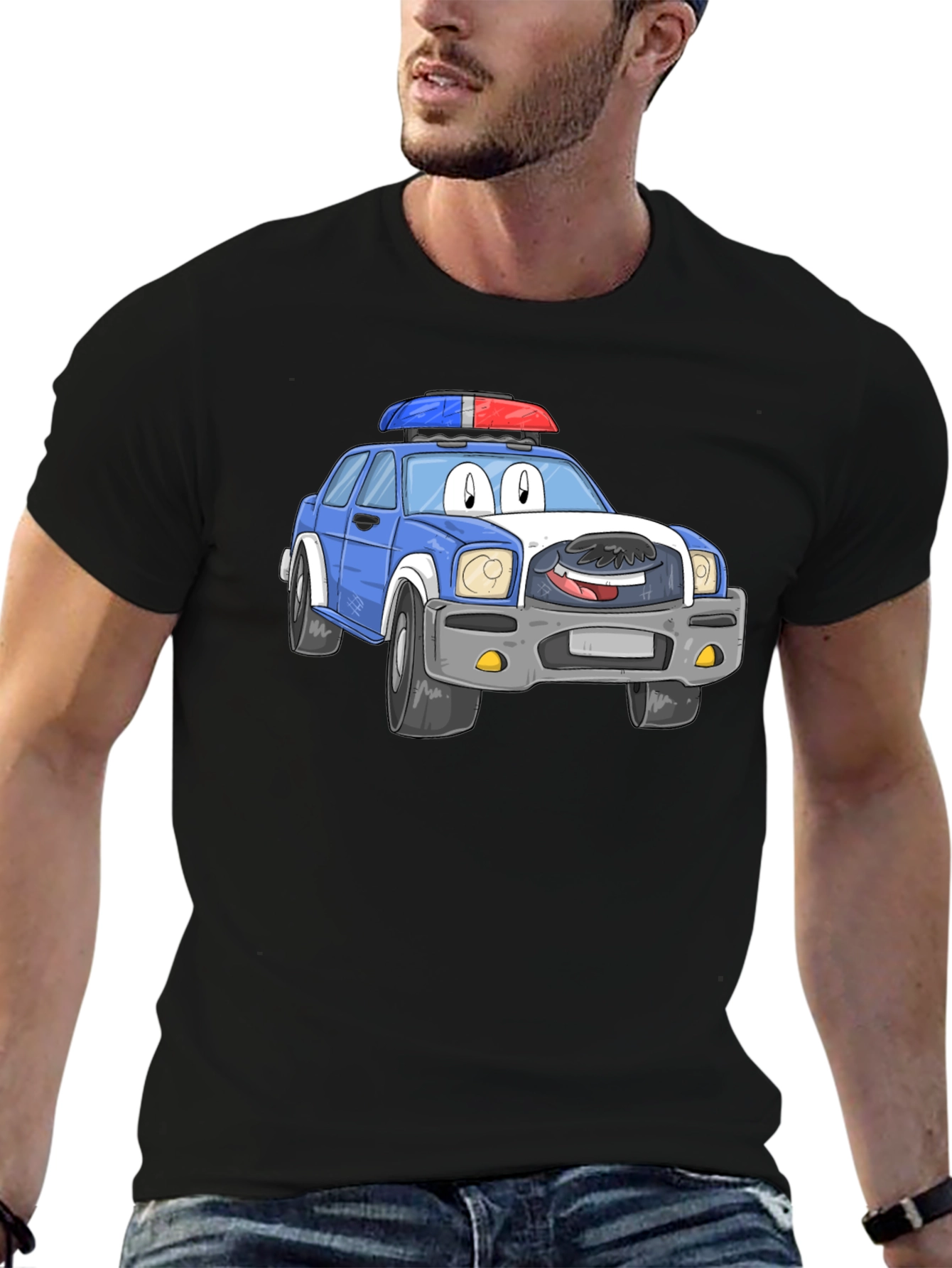 Cartoon Police Car T-Shirt - Black Cotton Blend