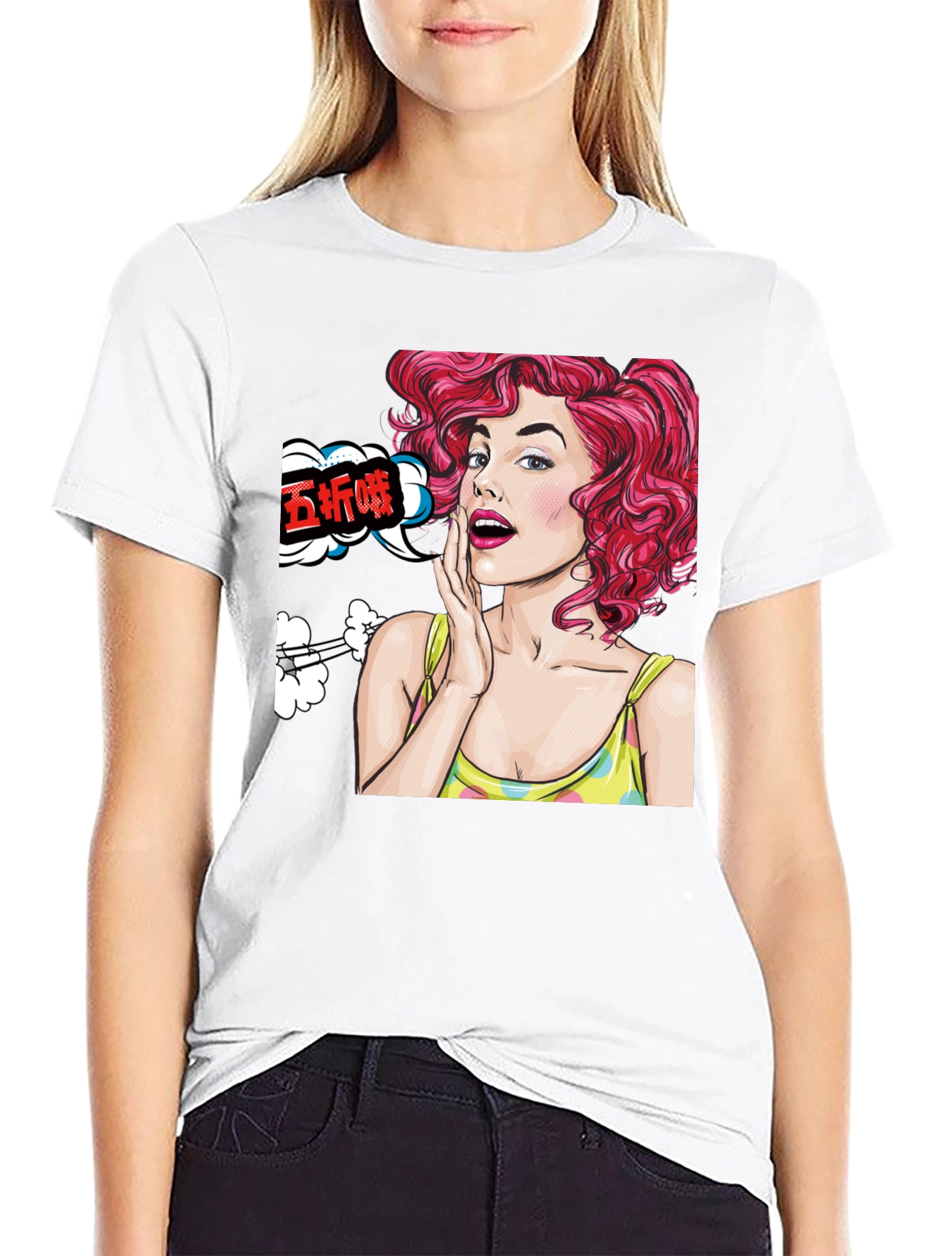 Pop Art Woman Graphic Tee - Black Cotton T-Shirt