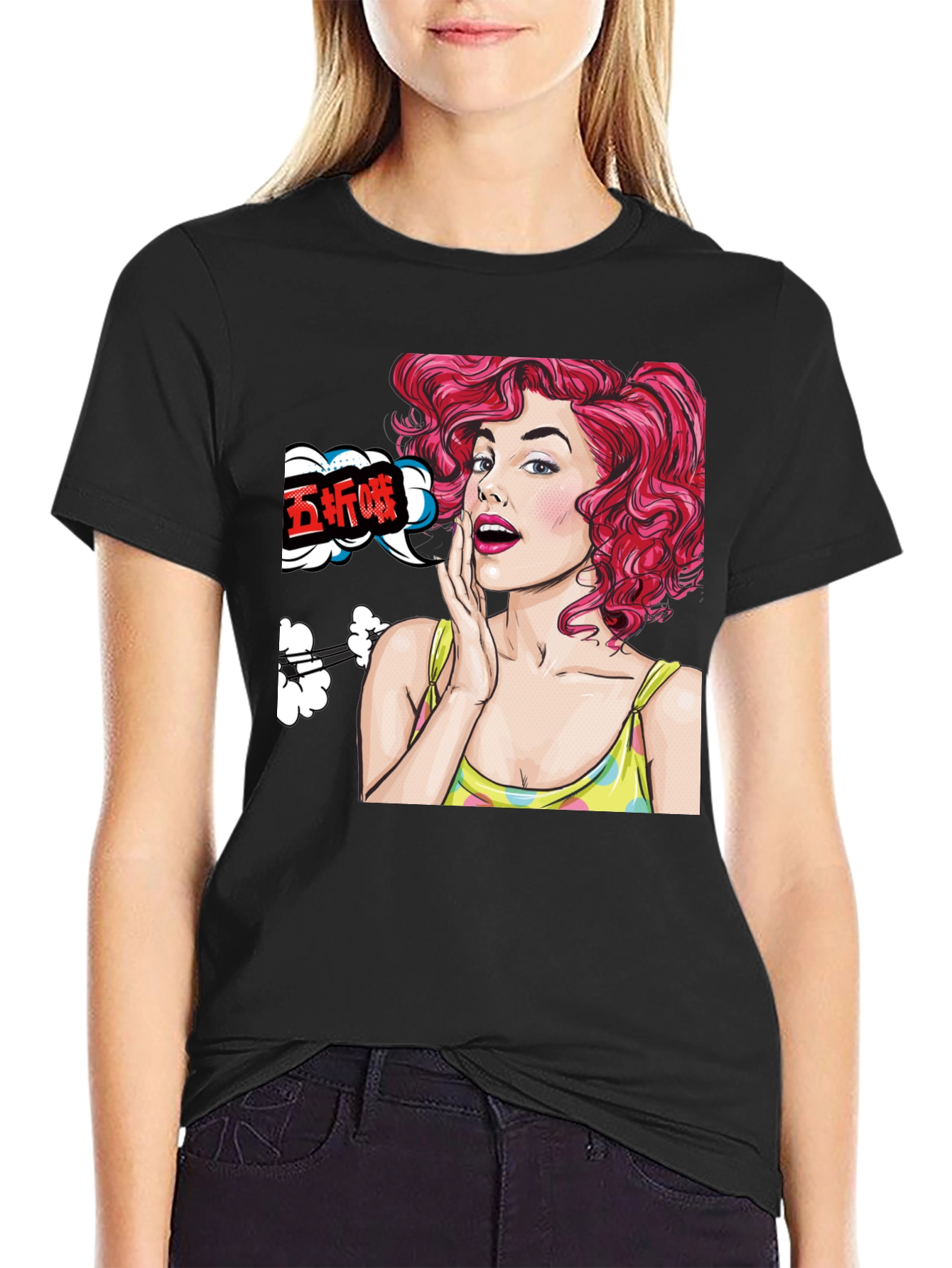 Pop Art Woman Graphic Tee - Black Cotton T-Shirt