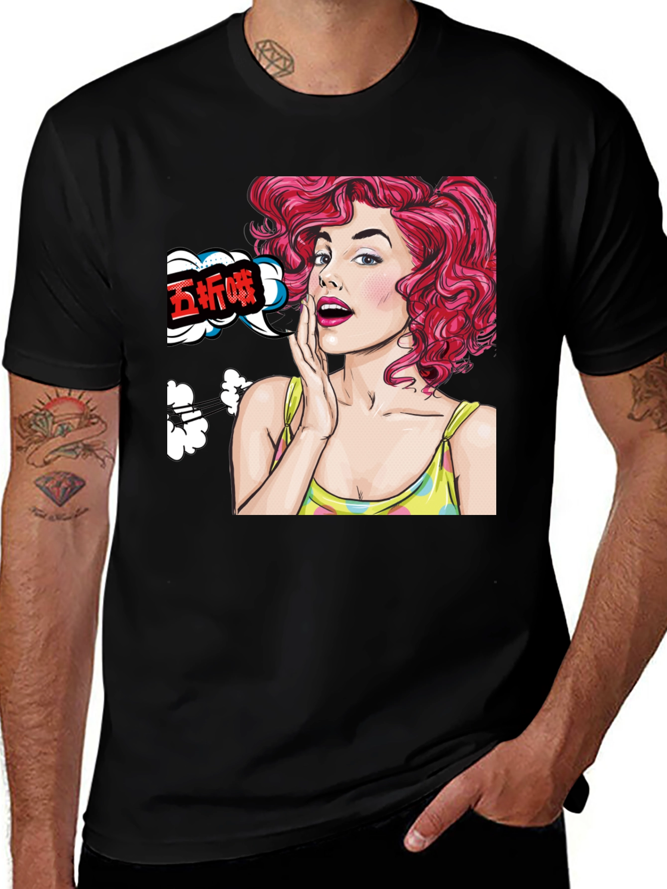 Pop Art Woman Graphic Tee - Black Cotton T-Shirt
