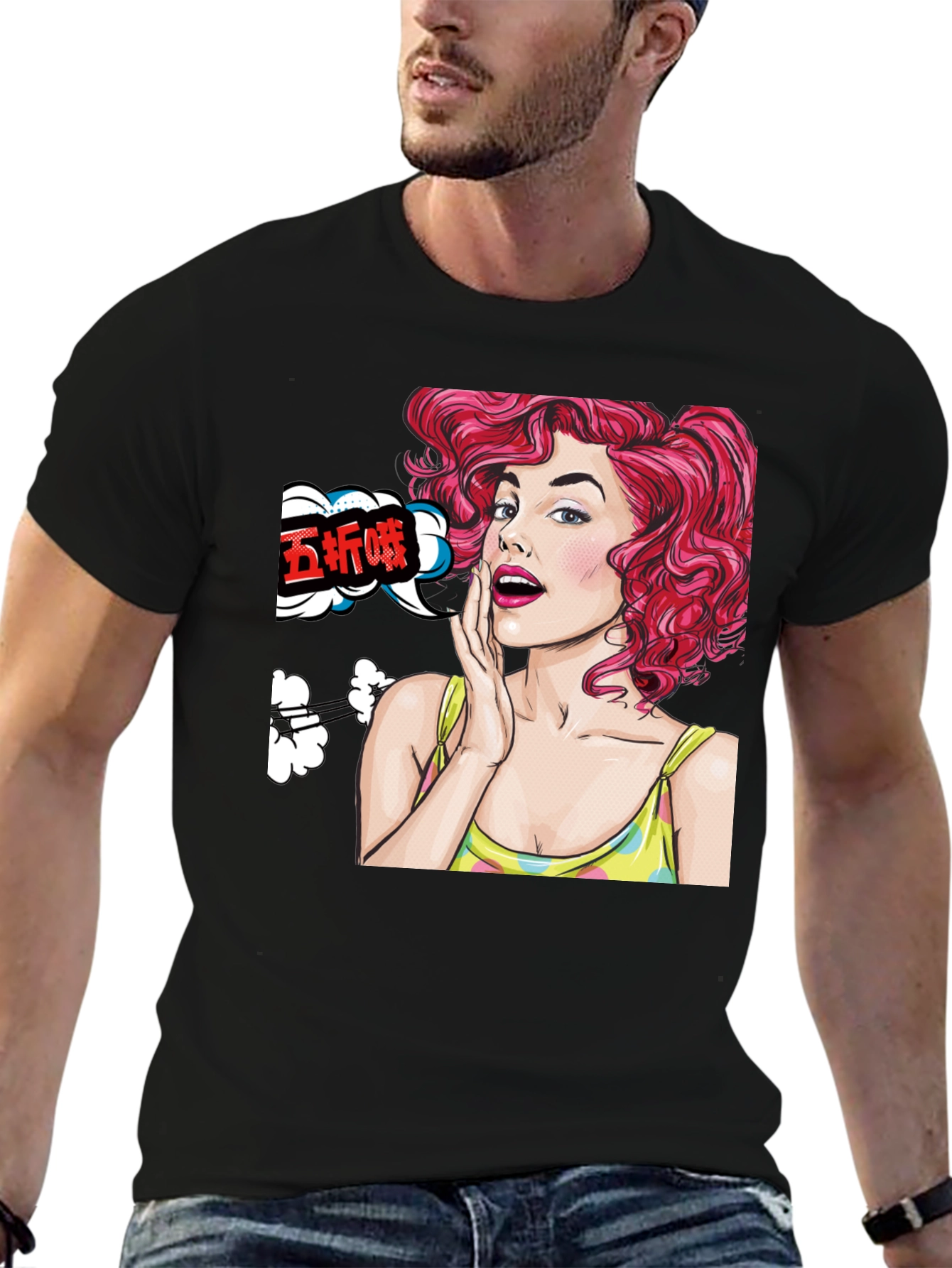 Pop Art Woman Graphic Tee - Black Cotton T-Shirt