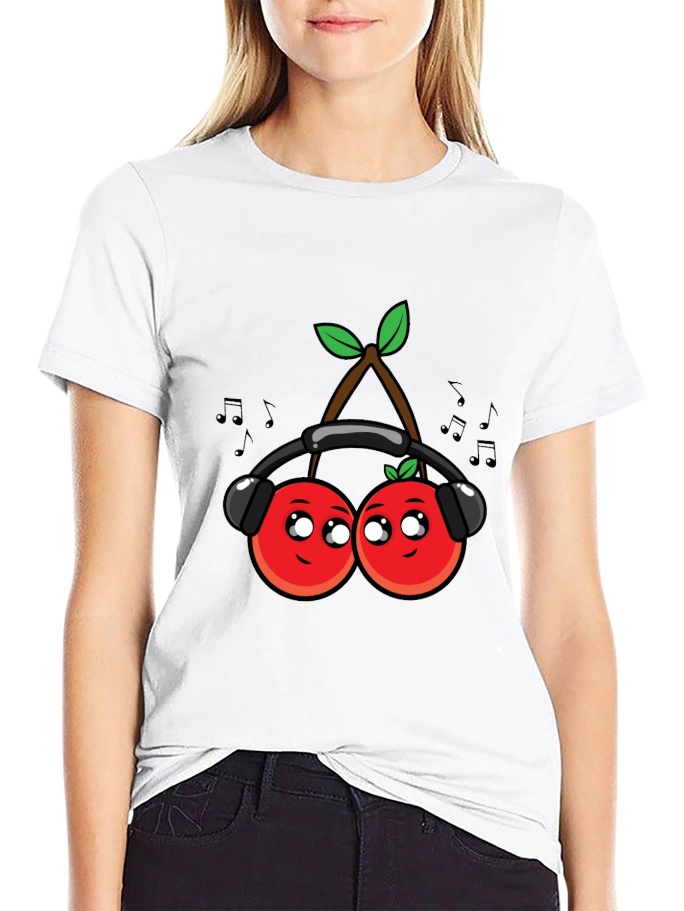 Cute Cherries Music Lover Black T-Shirt