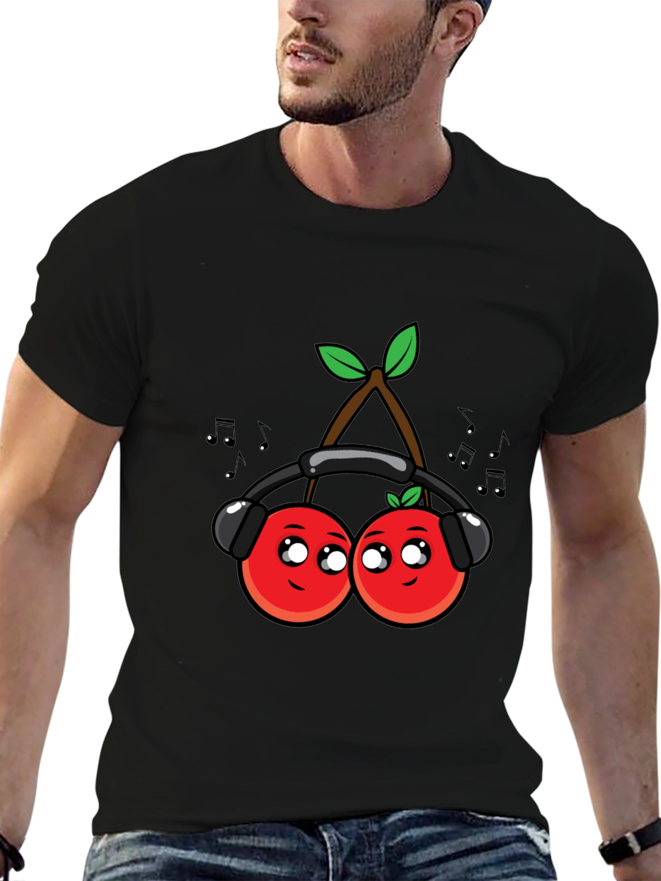 Cute Cherries Music Lover Black T-Shirt