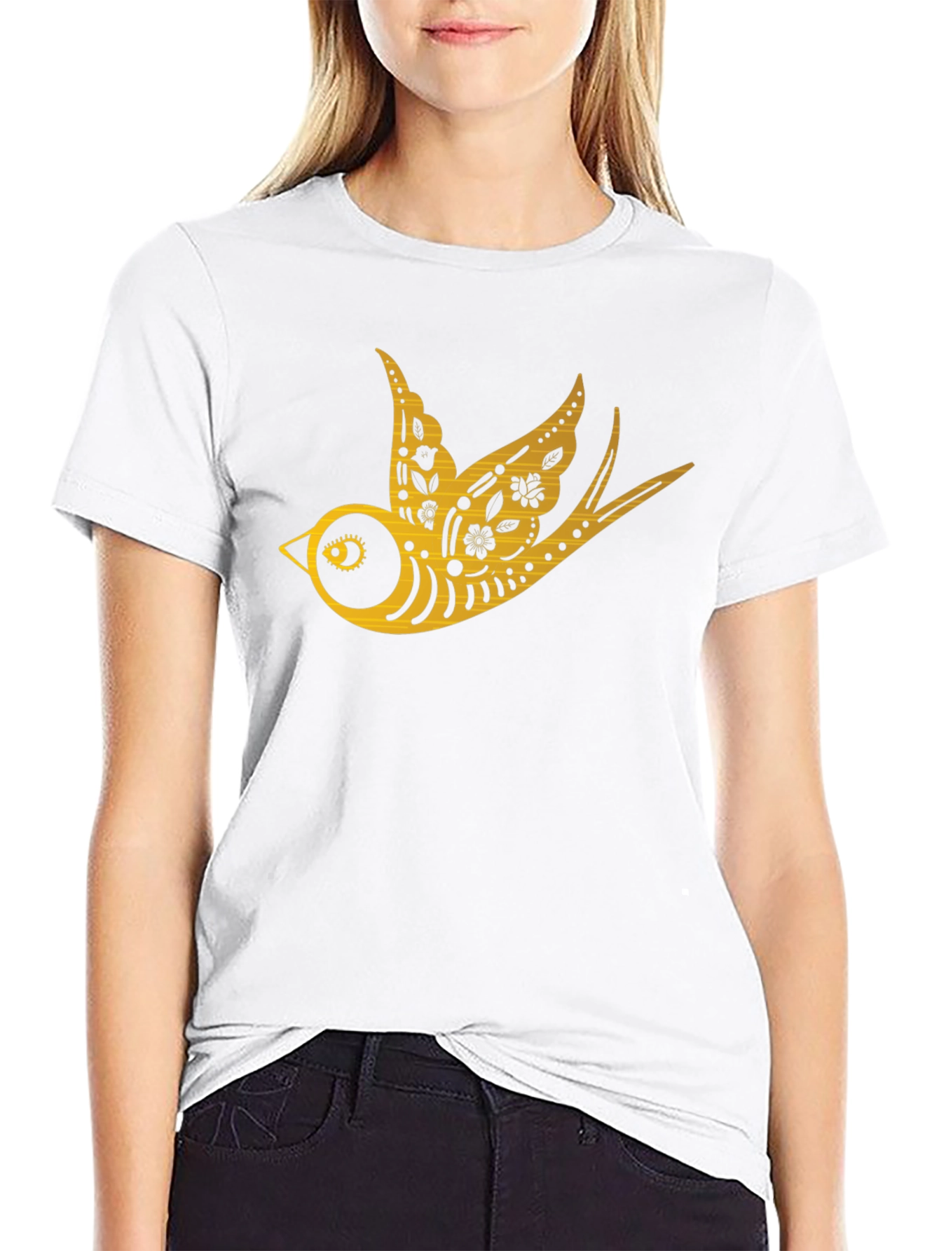 Mens Black T-Shirt with Golden Swallow Design