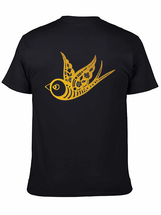 Mens Black T-Shirt with Golden Swallow Design