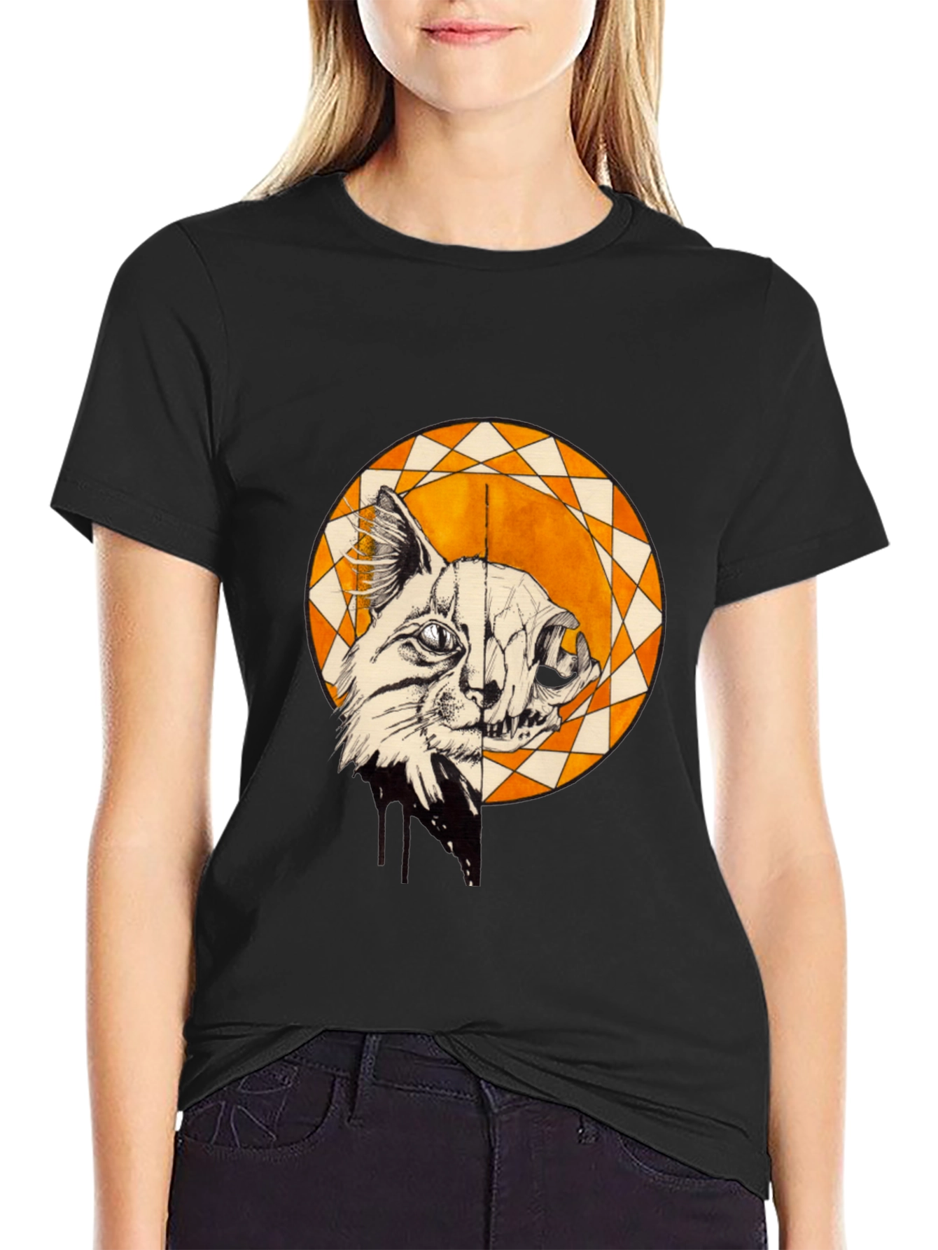 Cat Skull Graphic Print Crew Neck Tee