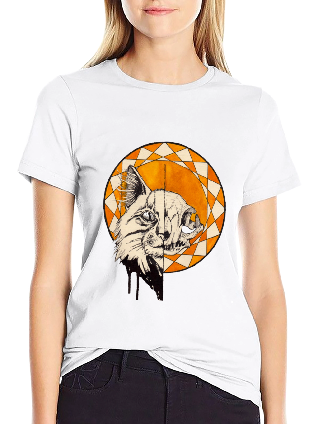Cat Skull Graphic Print Crew Neck Tee