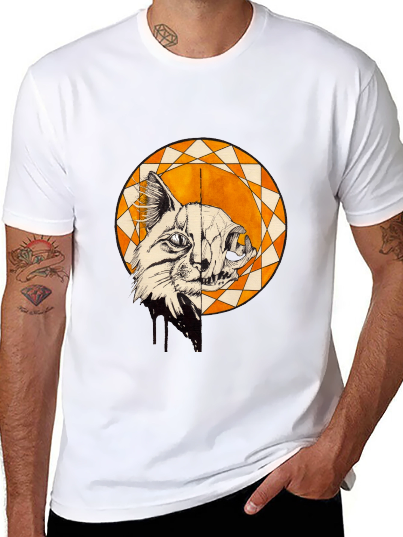 Cat Skull Graphic Print Crew Neck Tee