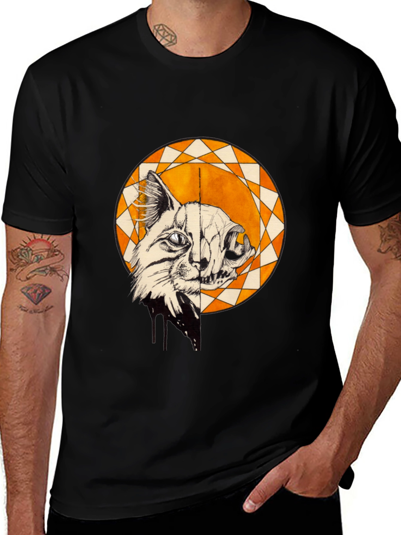 Cat Skull Graphic Print Crew Neck Tee