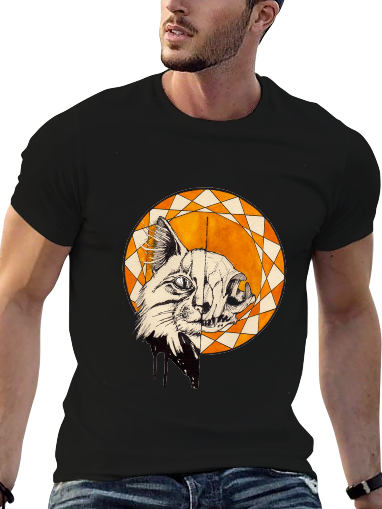 Cat Skull Graphic Print Crew Neck Tee