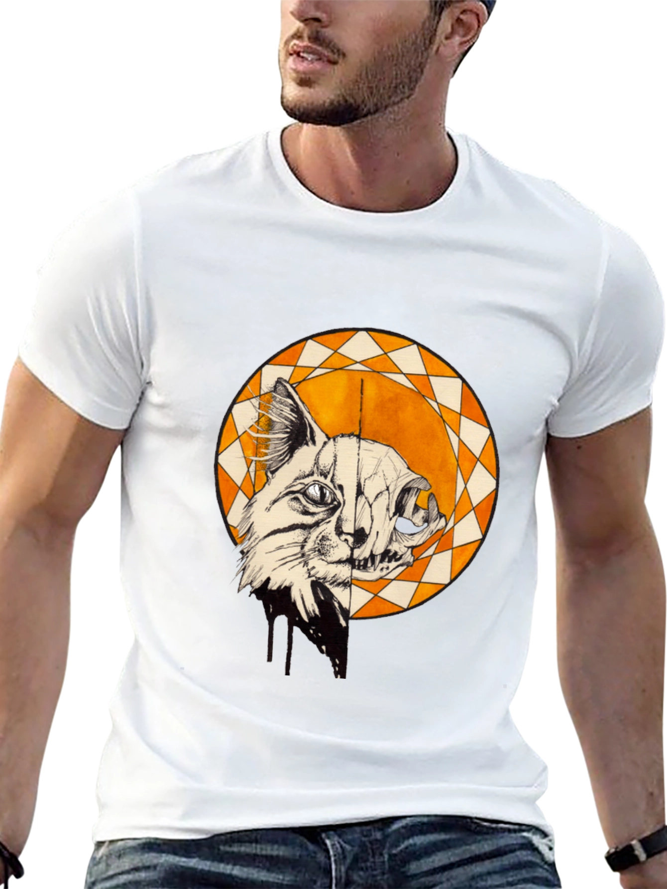 Cat Skull Graphic Print Crew Neck Tee
