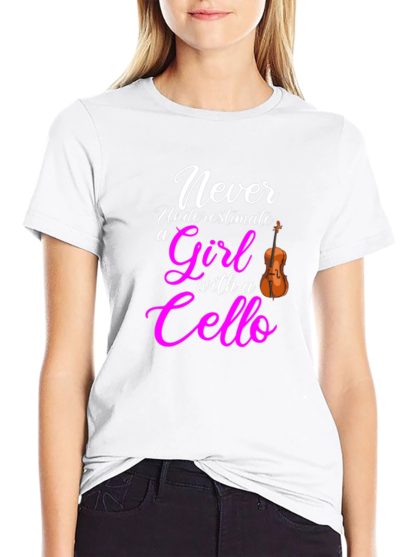Never Underestimate Girl with Cello Black T-Shirt