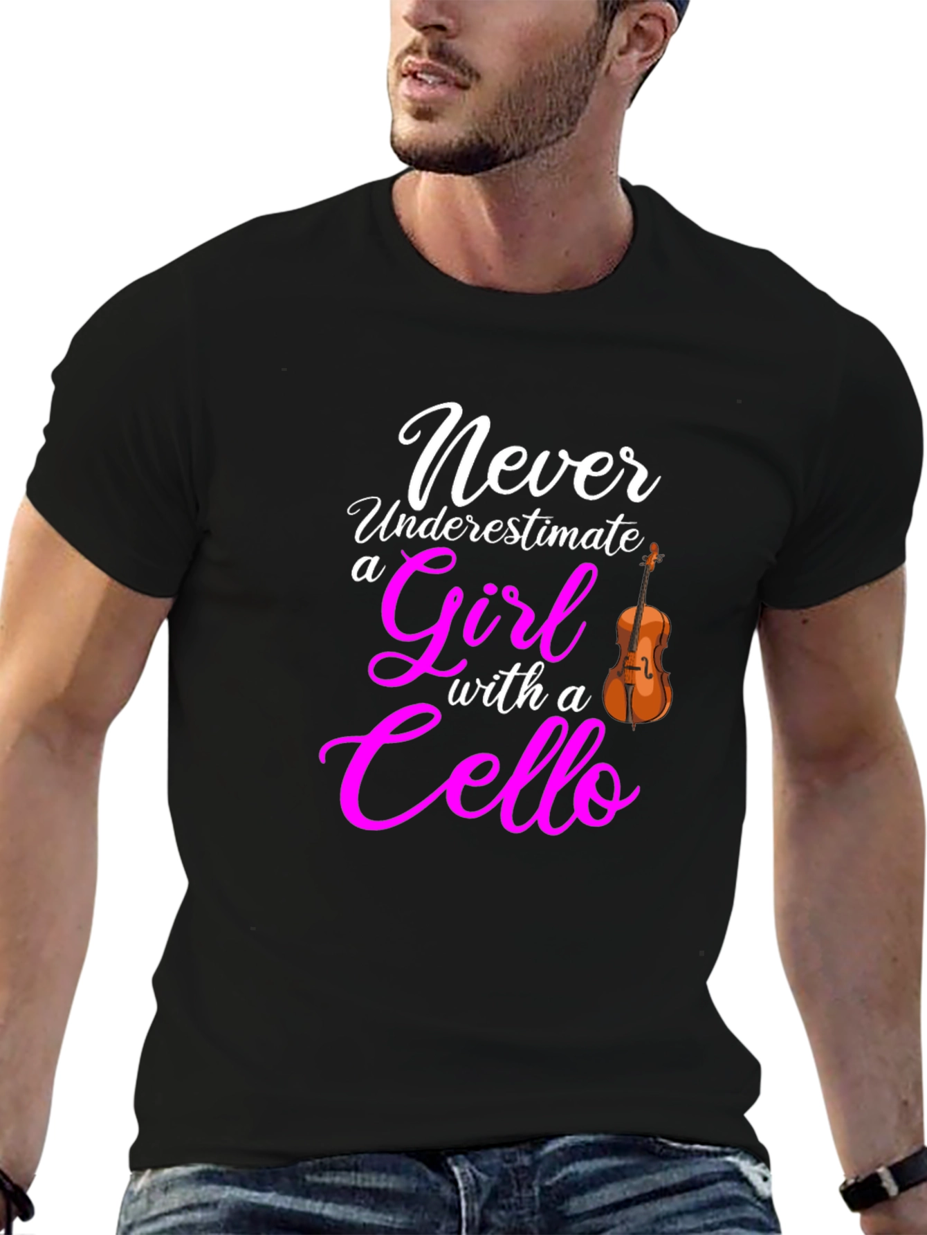 Never Underestimate Girl with Cello Black T-Shirt