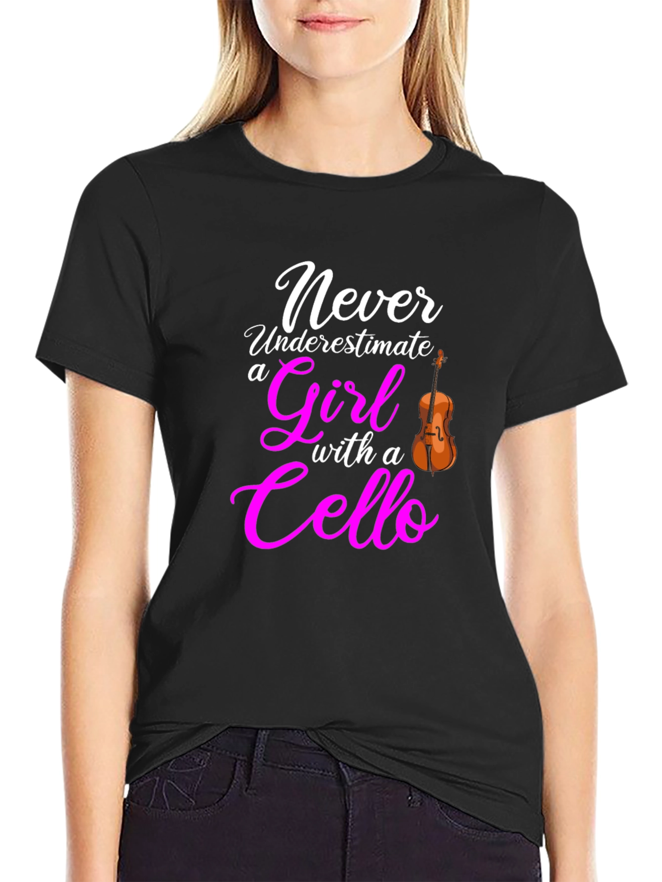 Never Underestimate Girl with Cello Black T-Shirt