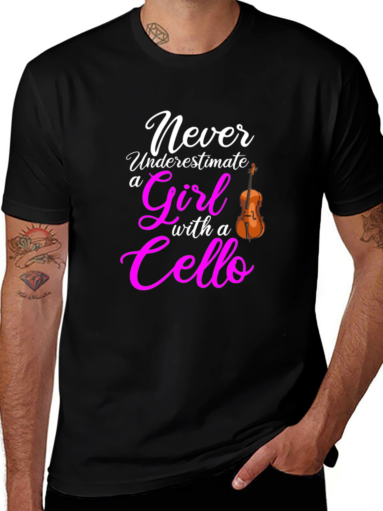 Never Underestimate Girl with Cello Black T-Shirt