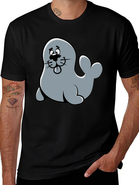 Cute Seal Cartoon Graphic Tee - Black
