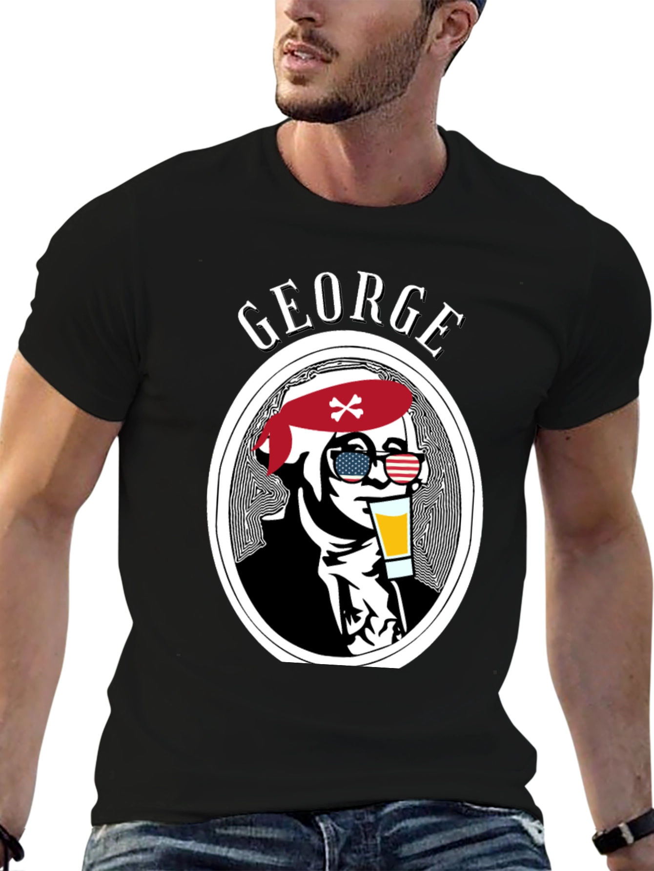 George T-Shirt: Patriotic Skull Drinking Beer