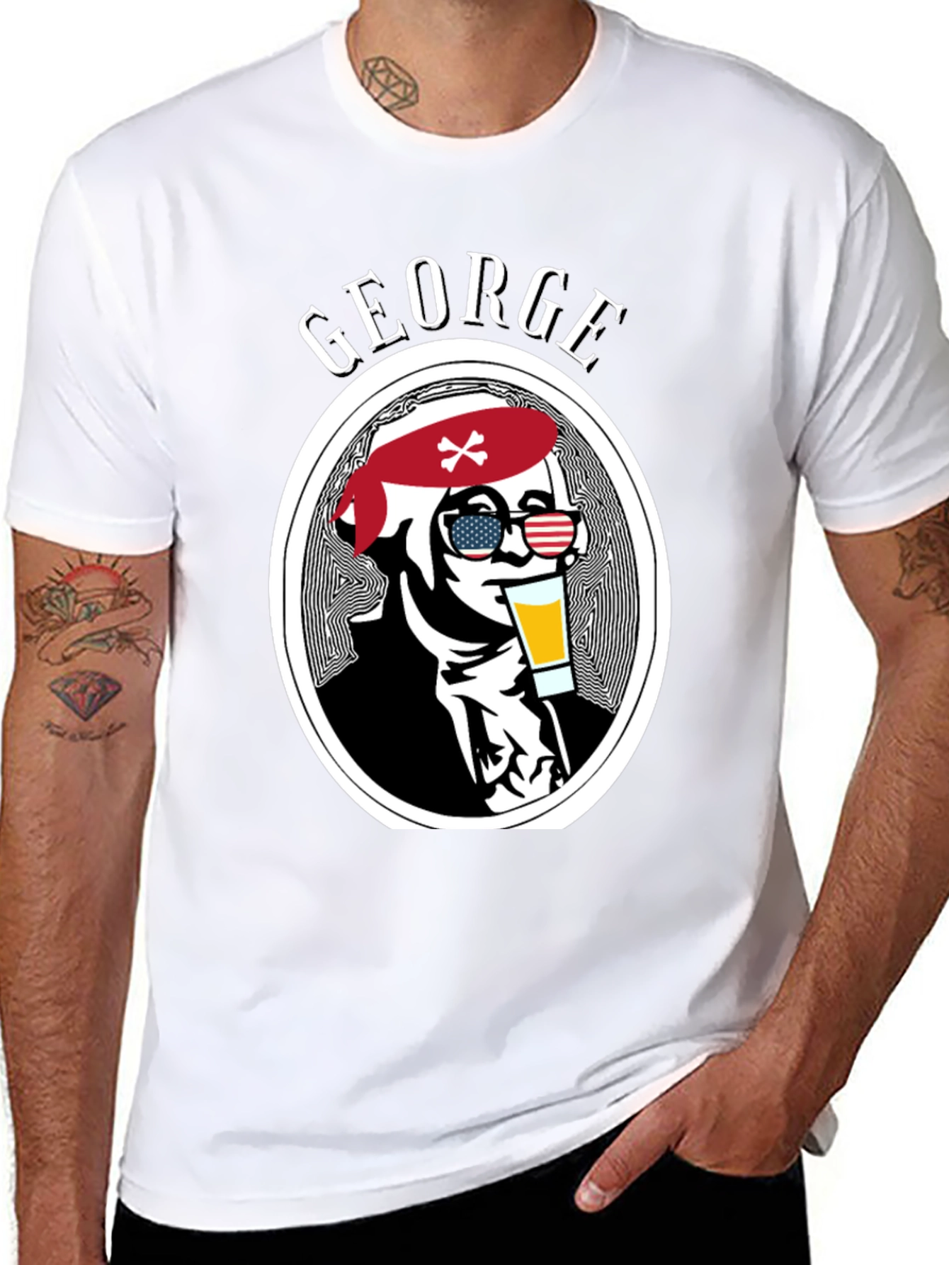 George T-Shirt: Patriotic Skull Drinking Beer