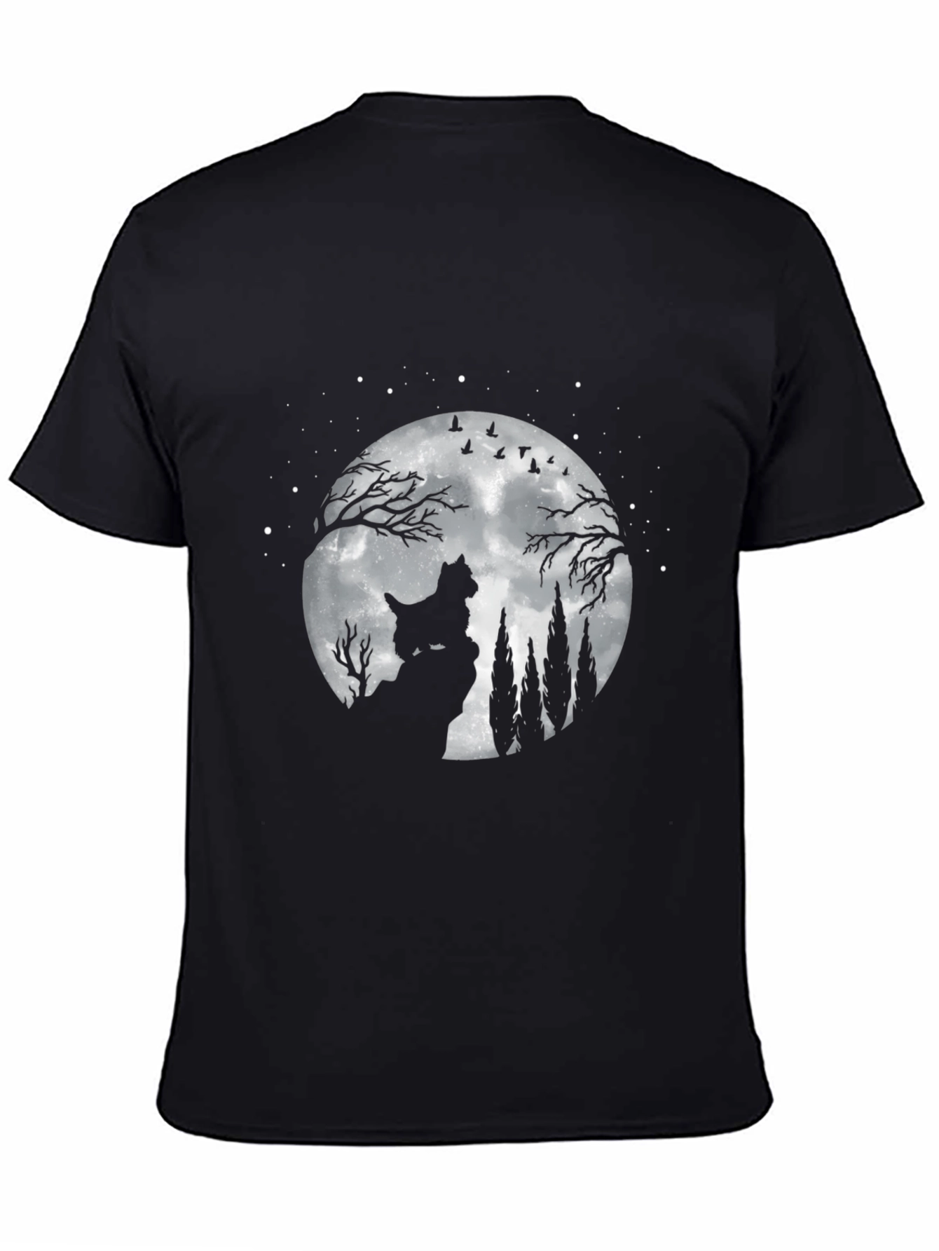Dog Moon Scene Graphic Tee - Black Cotton T-Shirt