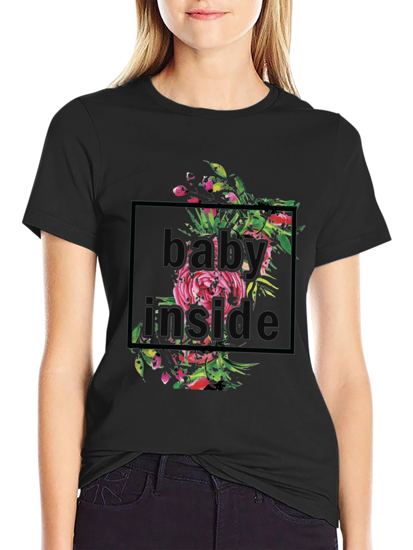 Floral Baby Inside Graphic T-Shirt - Black