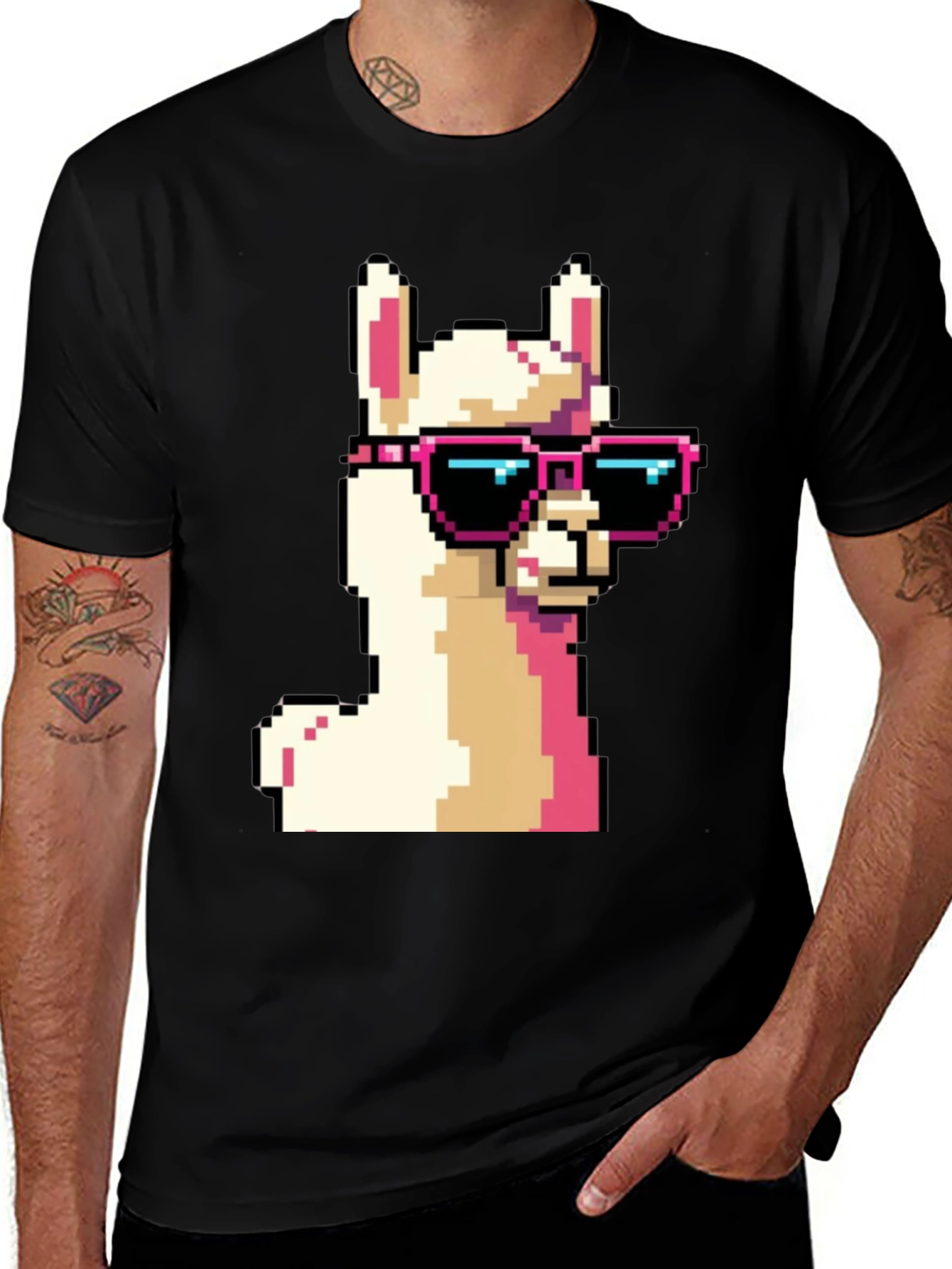 Cool Llama Pixel Art Black T-Shirt