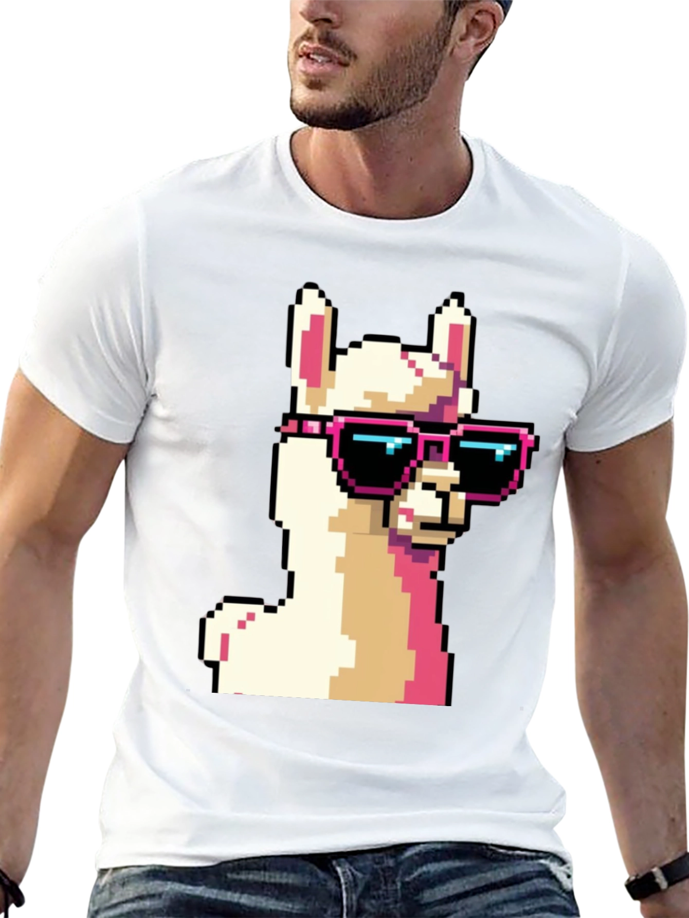 Cool Llama Pixel Art Black T-Shirt