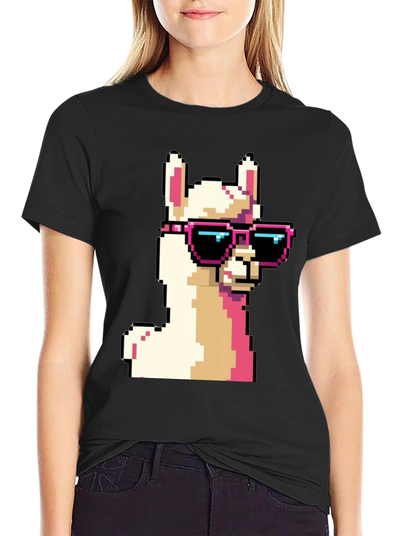 Cool Llama Pixel Art Black T-Shirt