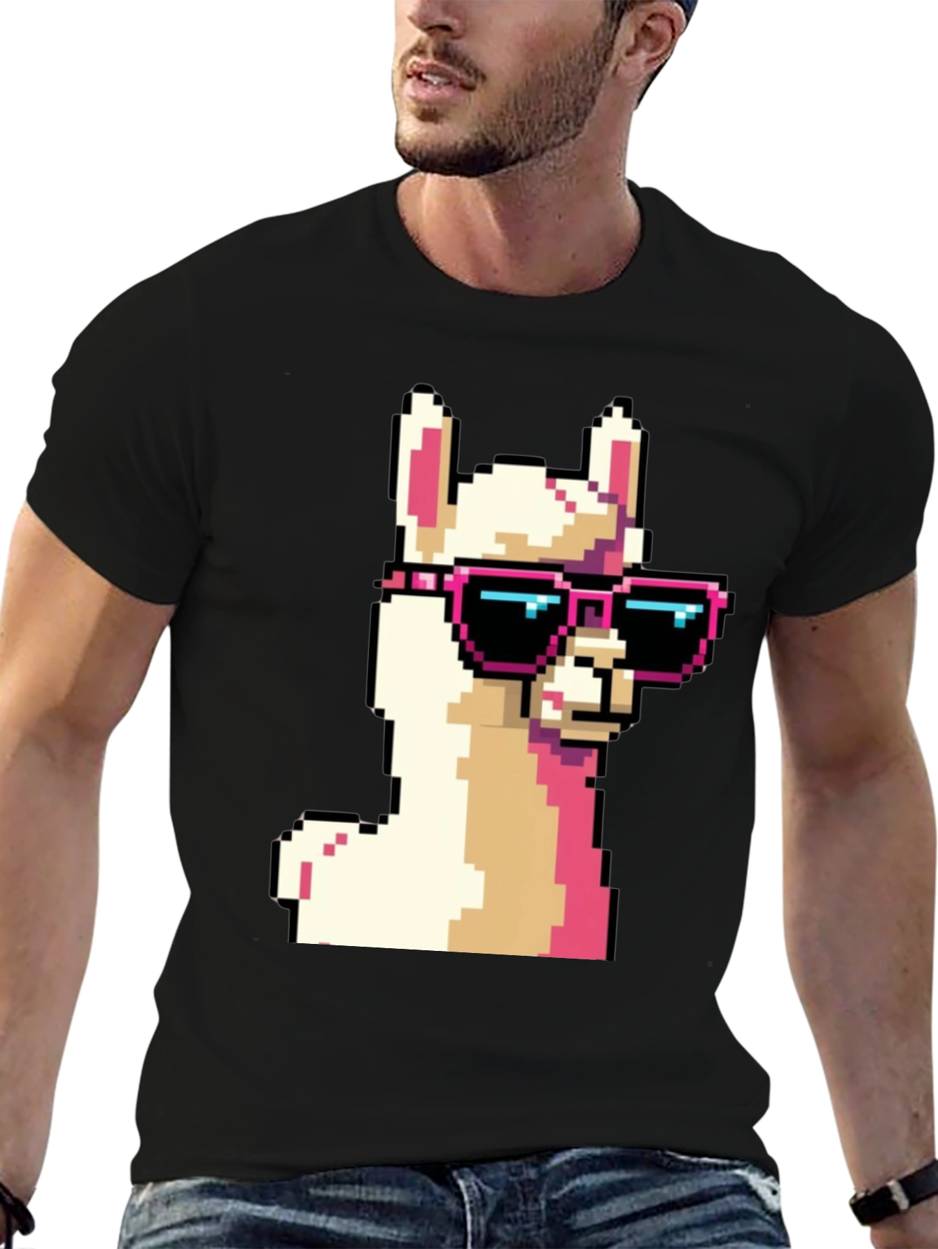 Cool Llama Pixel Art Black T-Shirt