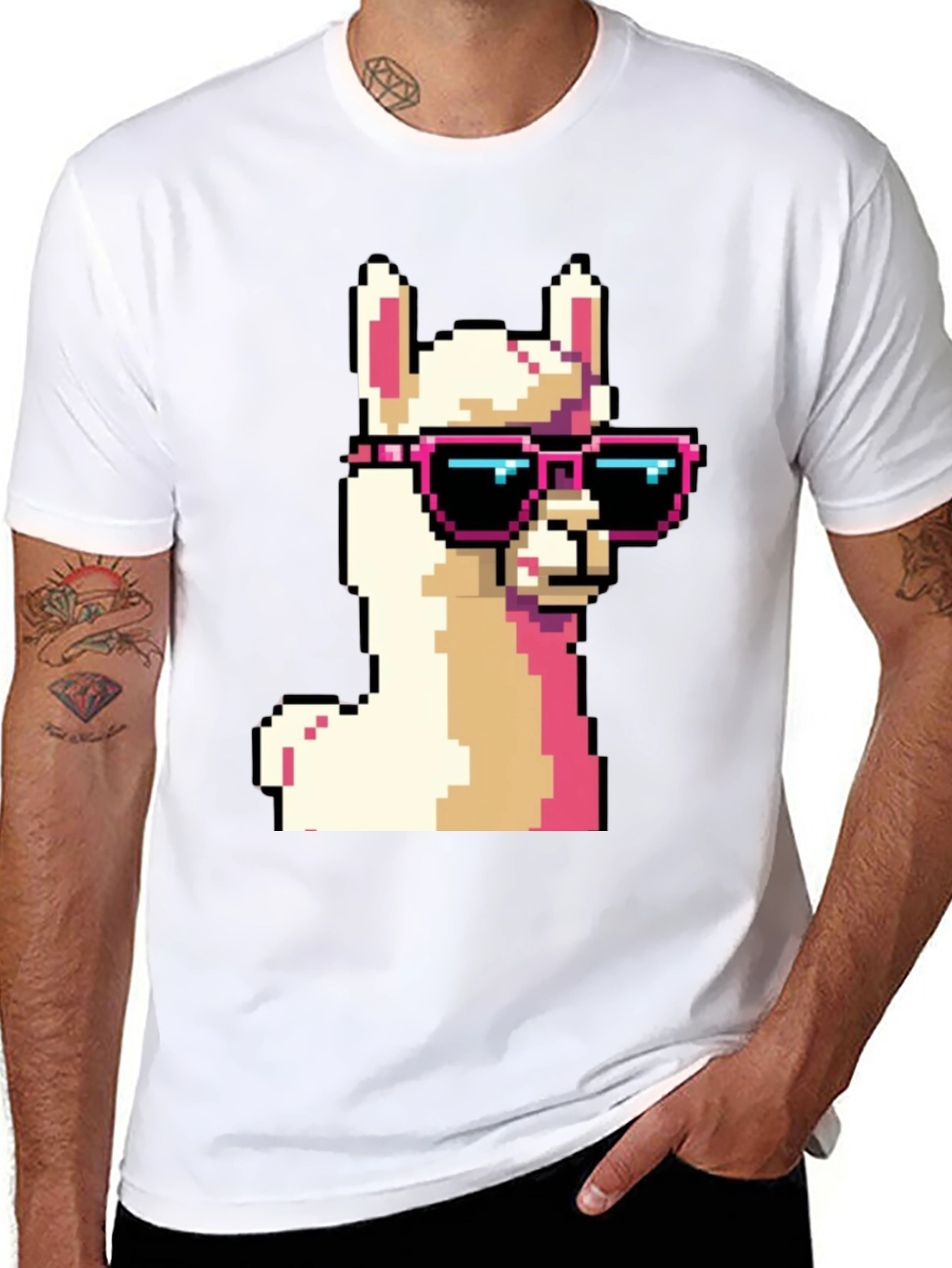 Cool Llama Pixel Art Black T-Shirt