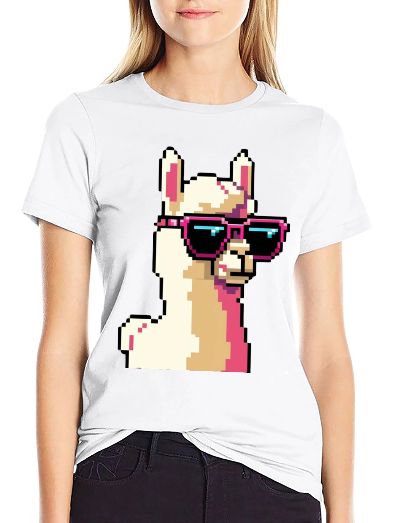 Cool Llama Pixel Art Black T-Shirt