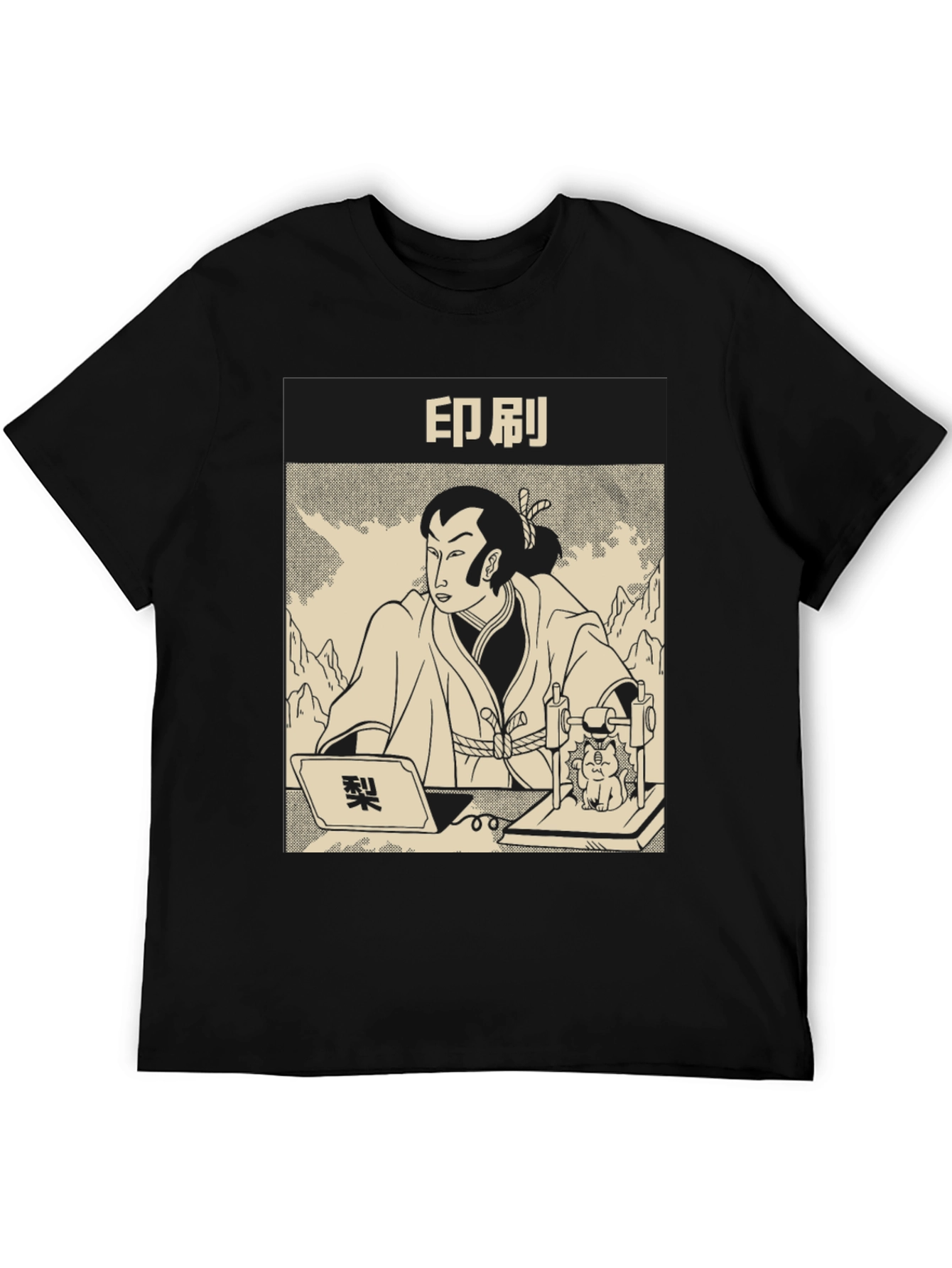 Samurai Cat Print Black T-Shirt