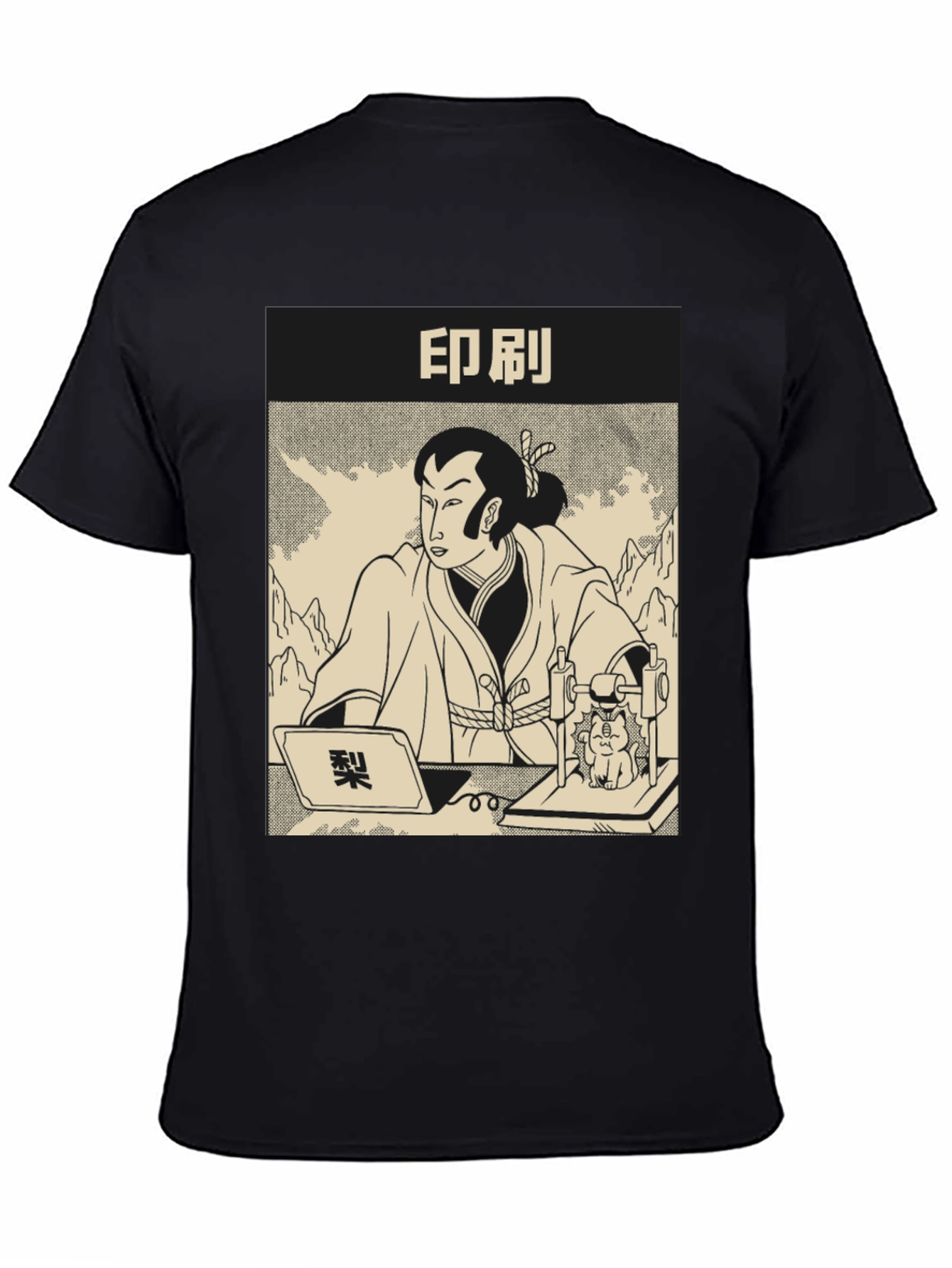 Samurai Cat Print Black T-Shirt