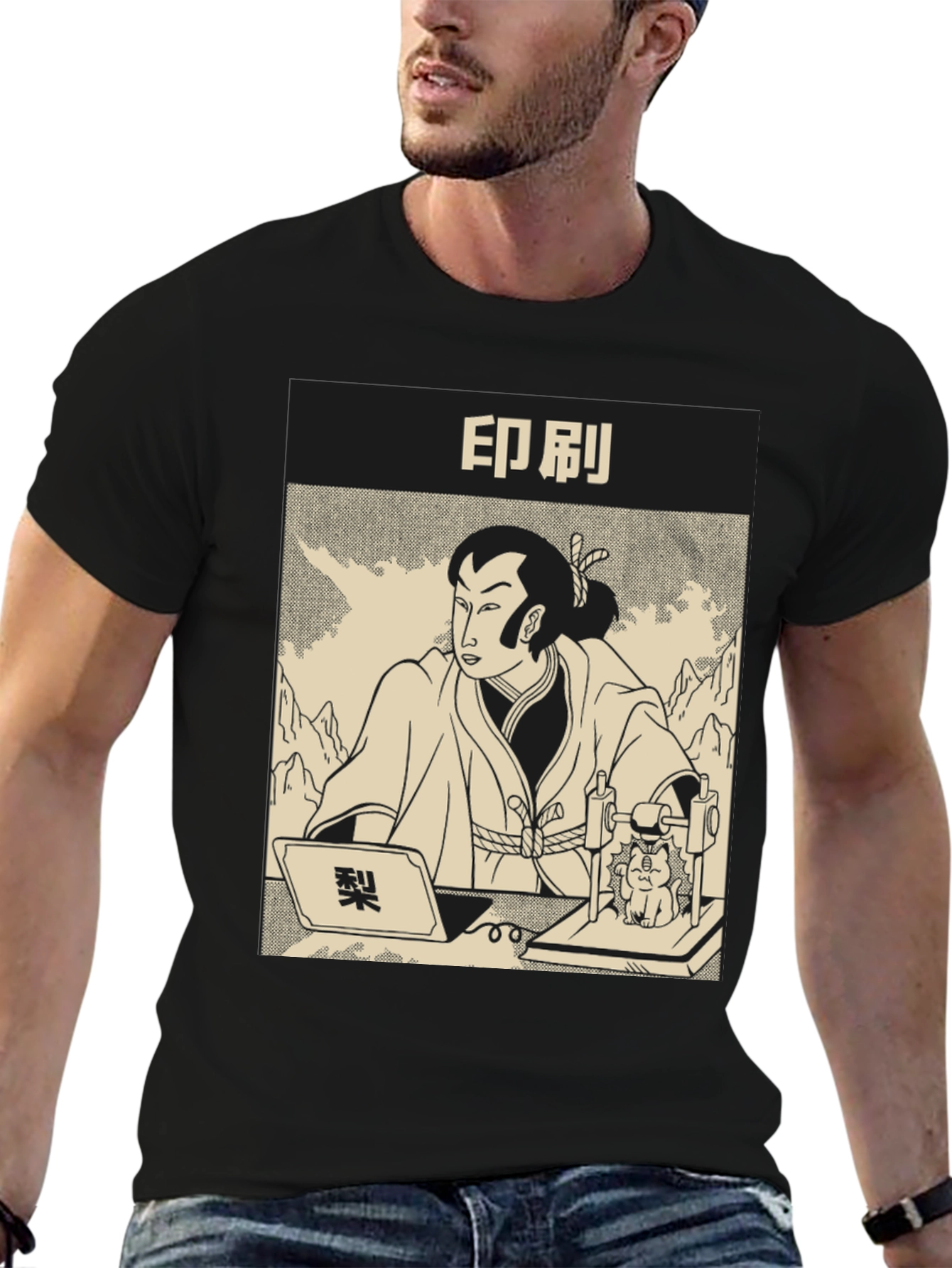 Samurai Cat Print Black T-Shirt