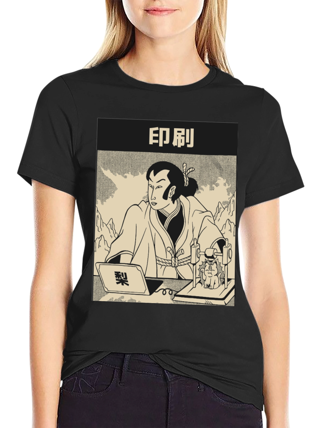Samurai Cat Print Black T-Shirt