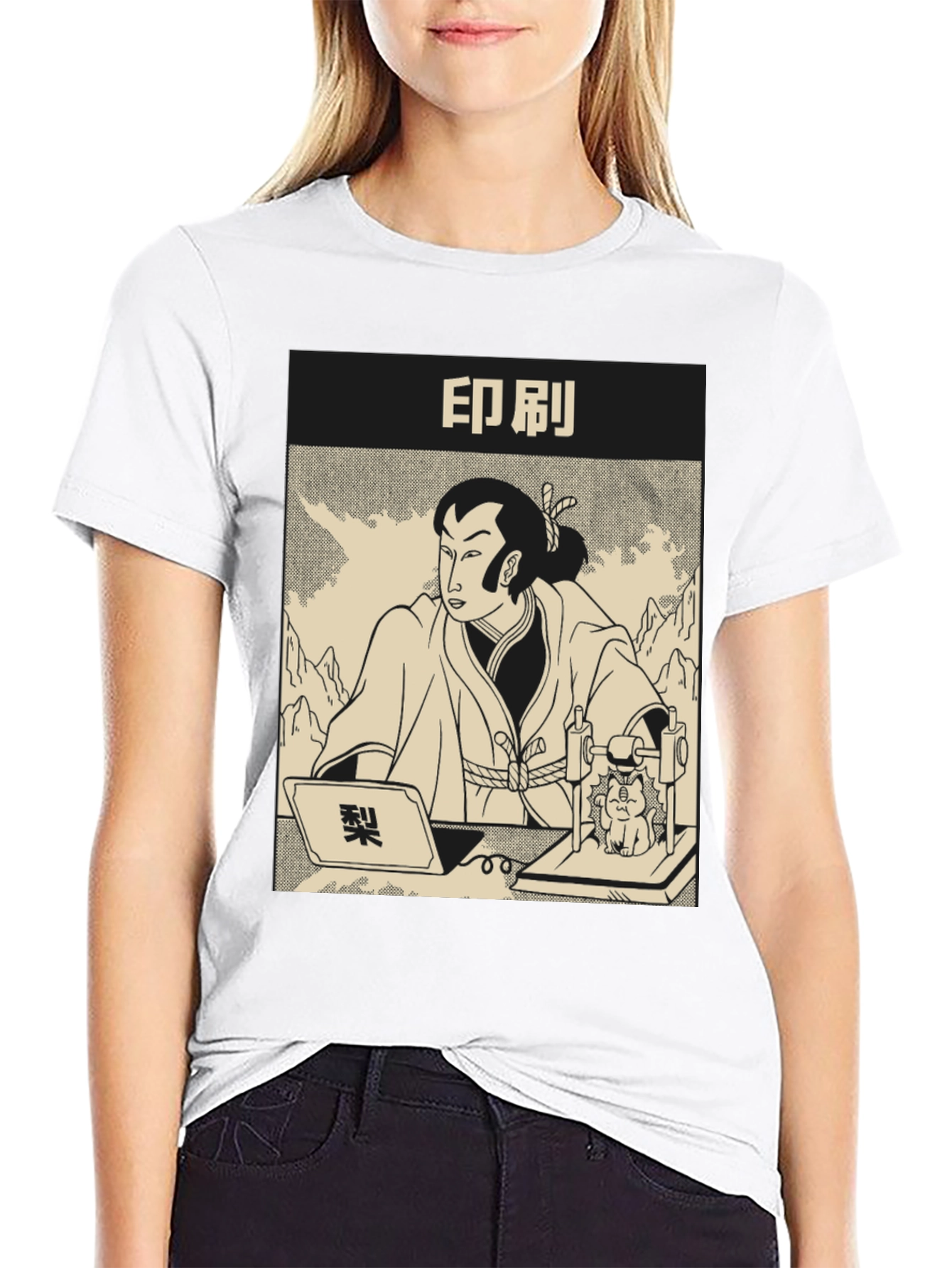 Samurai Cat Print Black T-Shirt