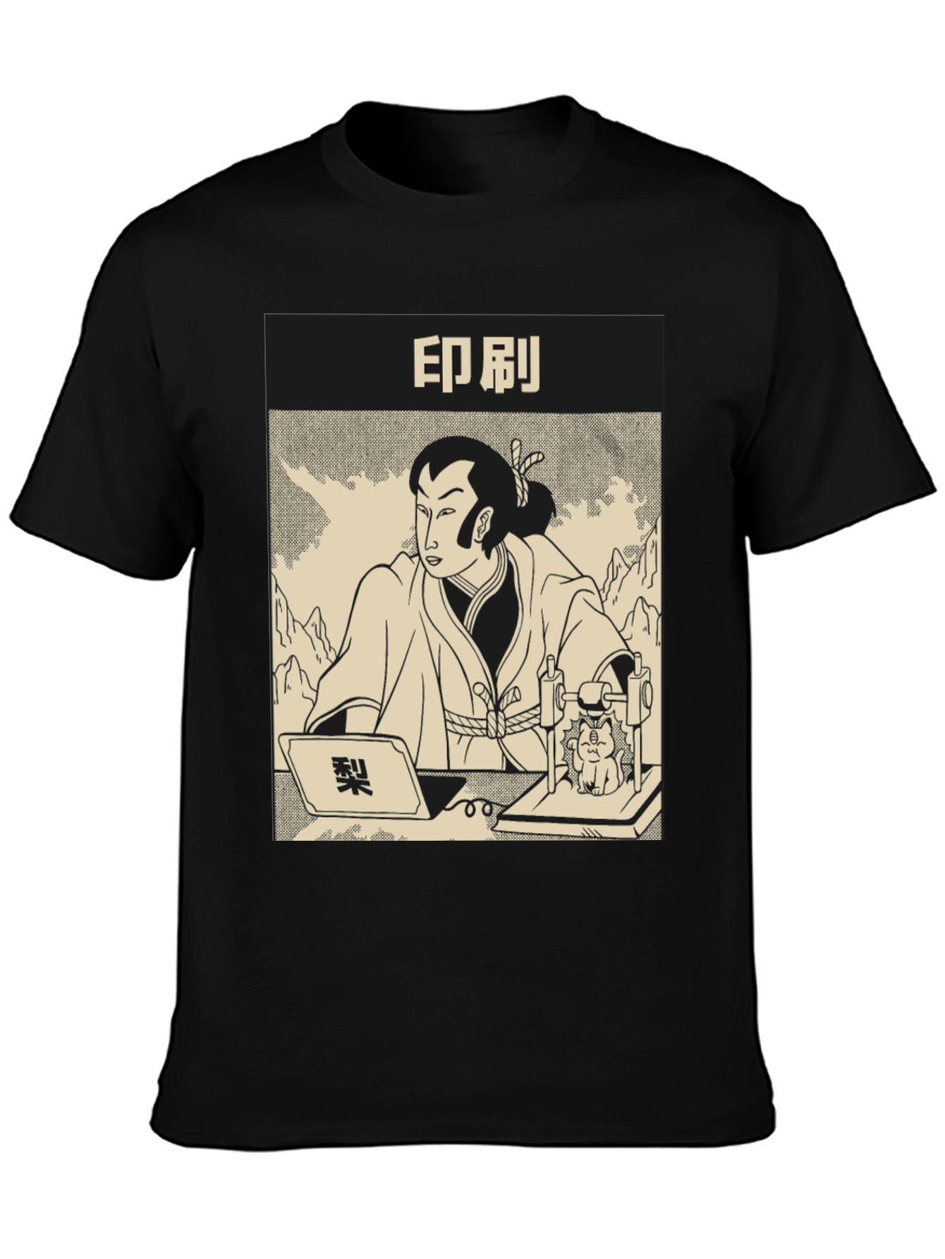 Samurai Cat Print Black T-Shirt