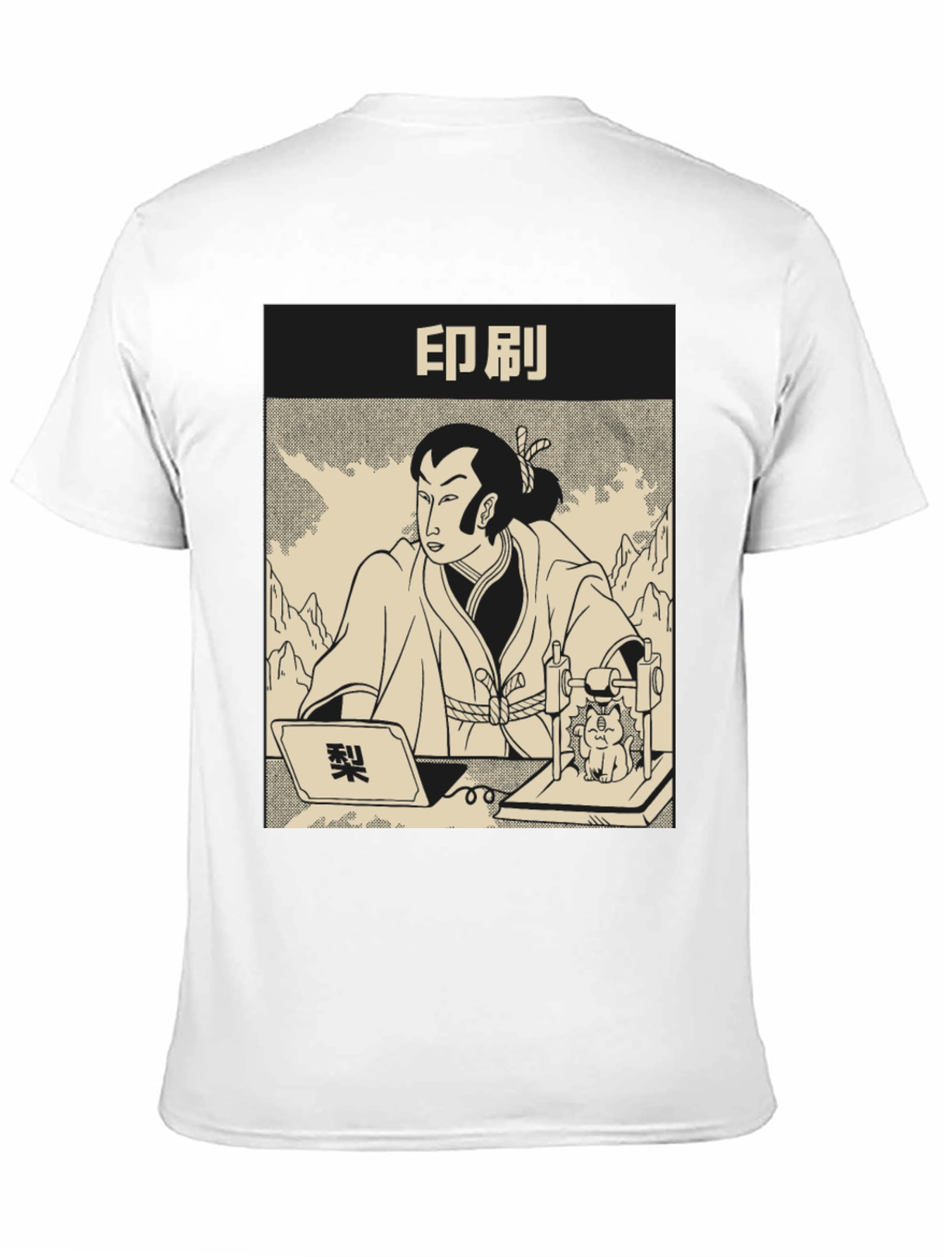 Samurai Cat Print Black T-Shirt