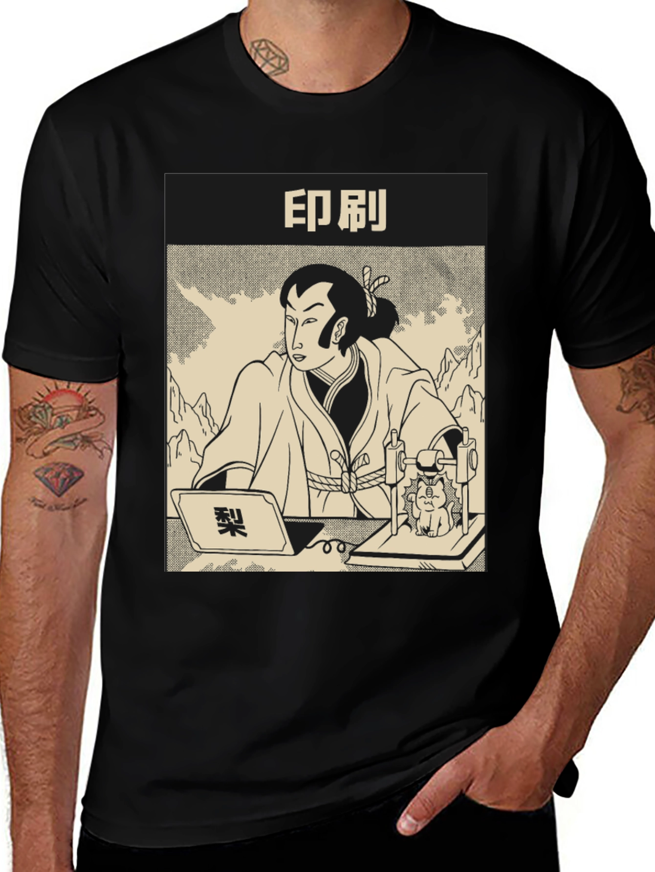 Samurai Cat Print Black T-Shirt