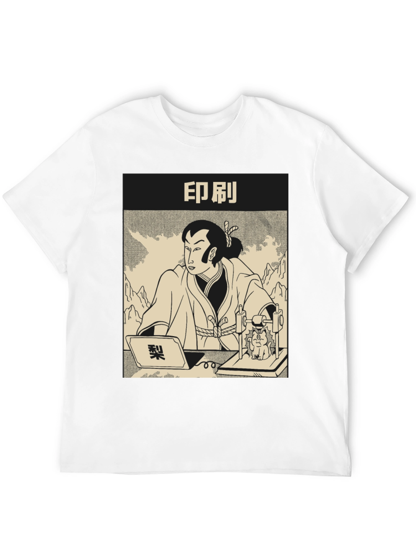 Samurai Cat Print Black T-Shirt