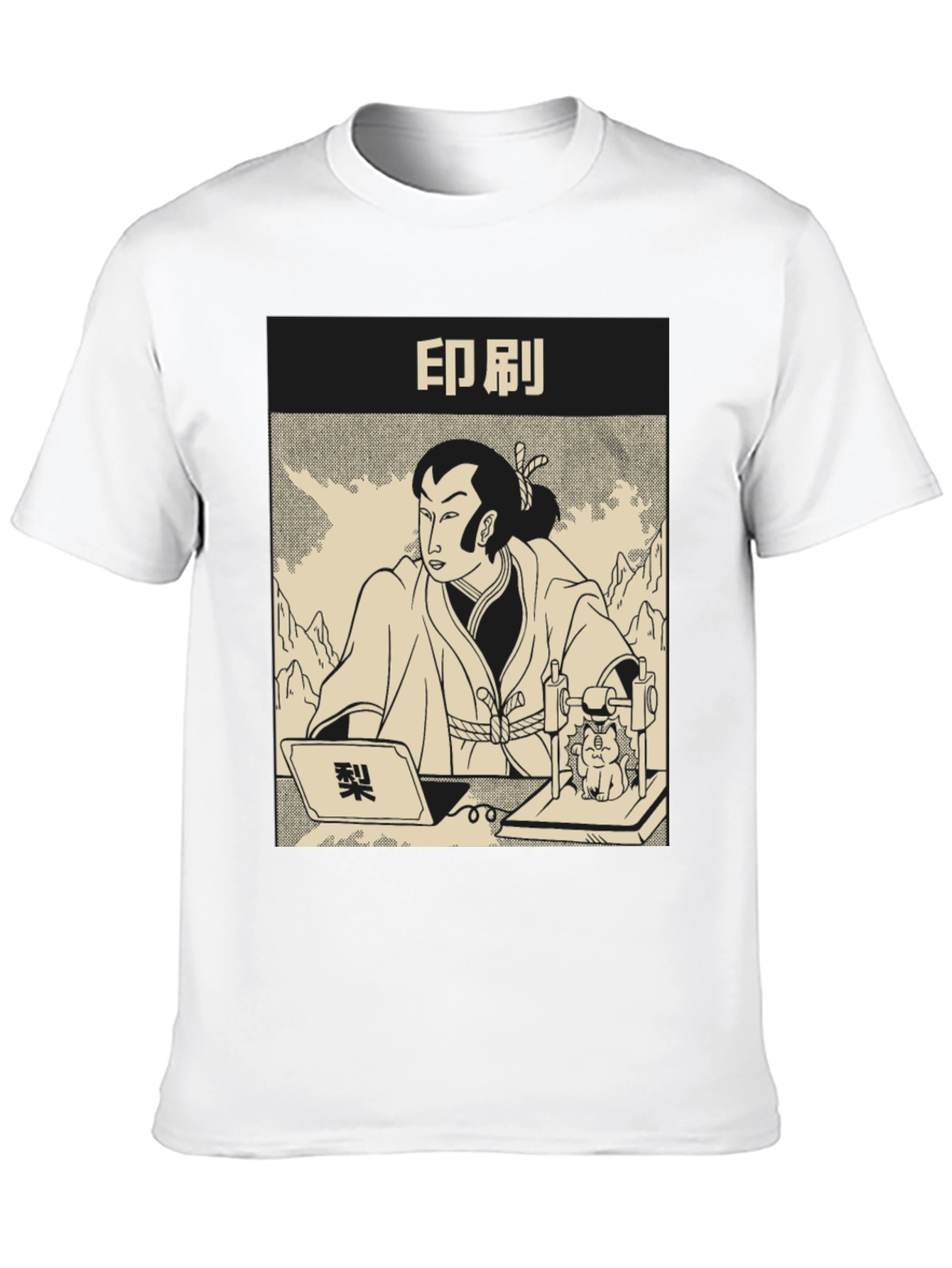 Samurai Cat Print Black T-Shirt