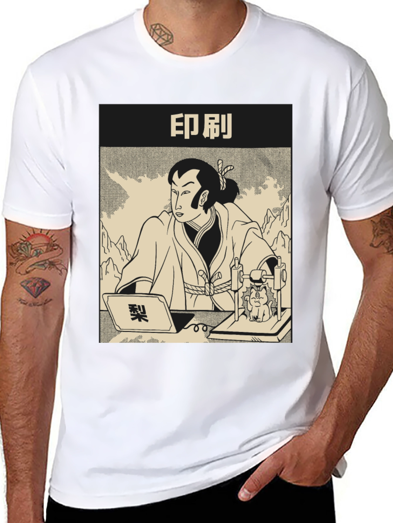 Samurai Cat Print Black T-Shirt