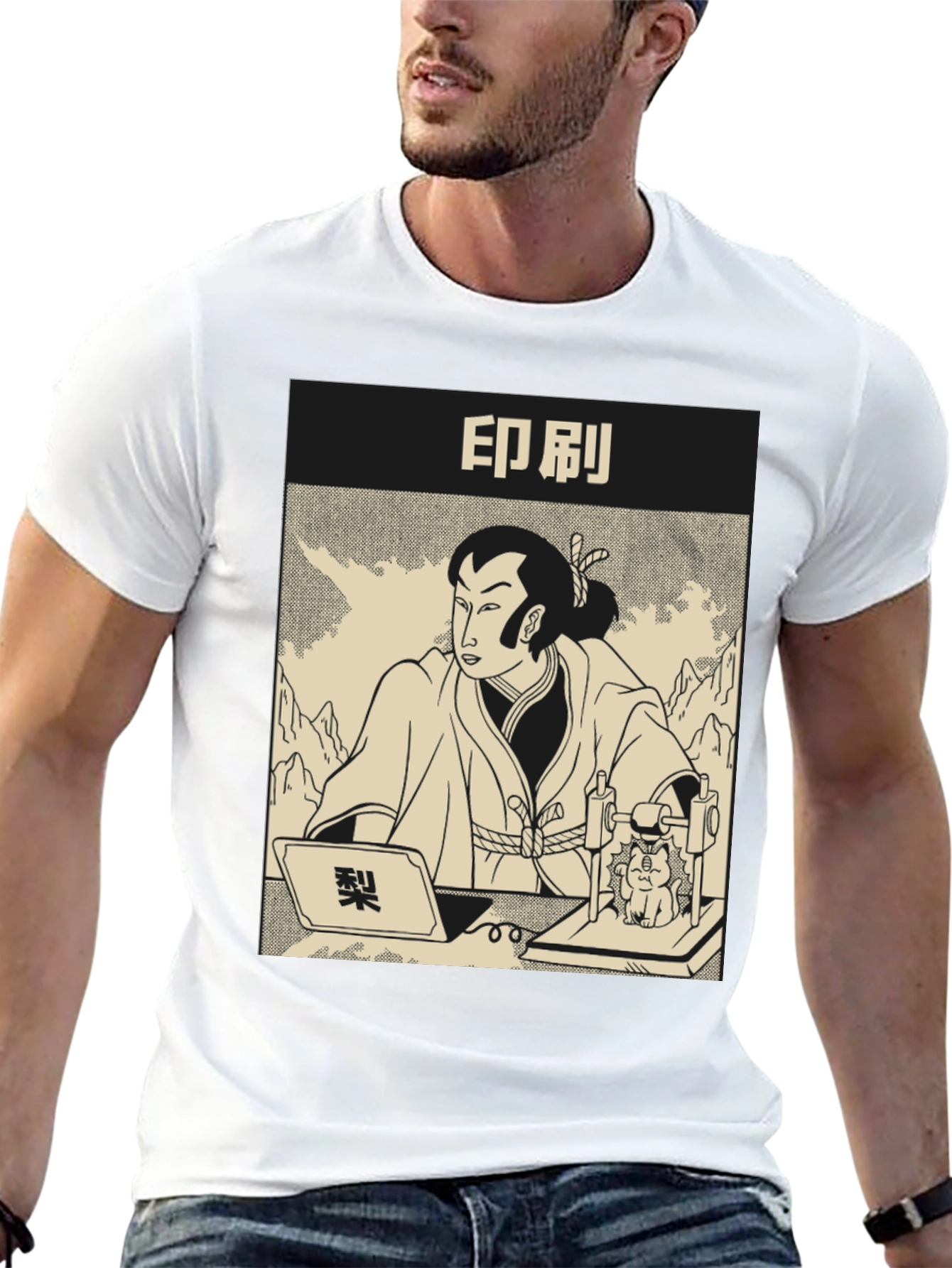 Samurai Cat Print Black T-Shirt