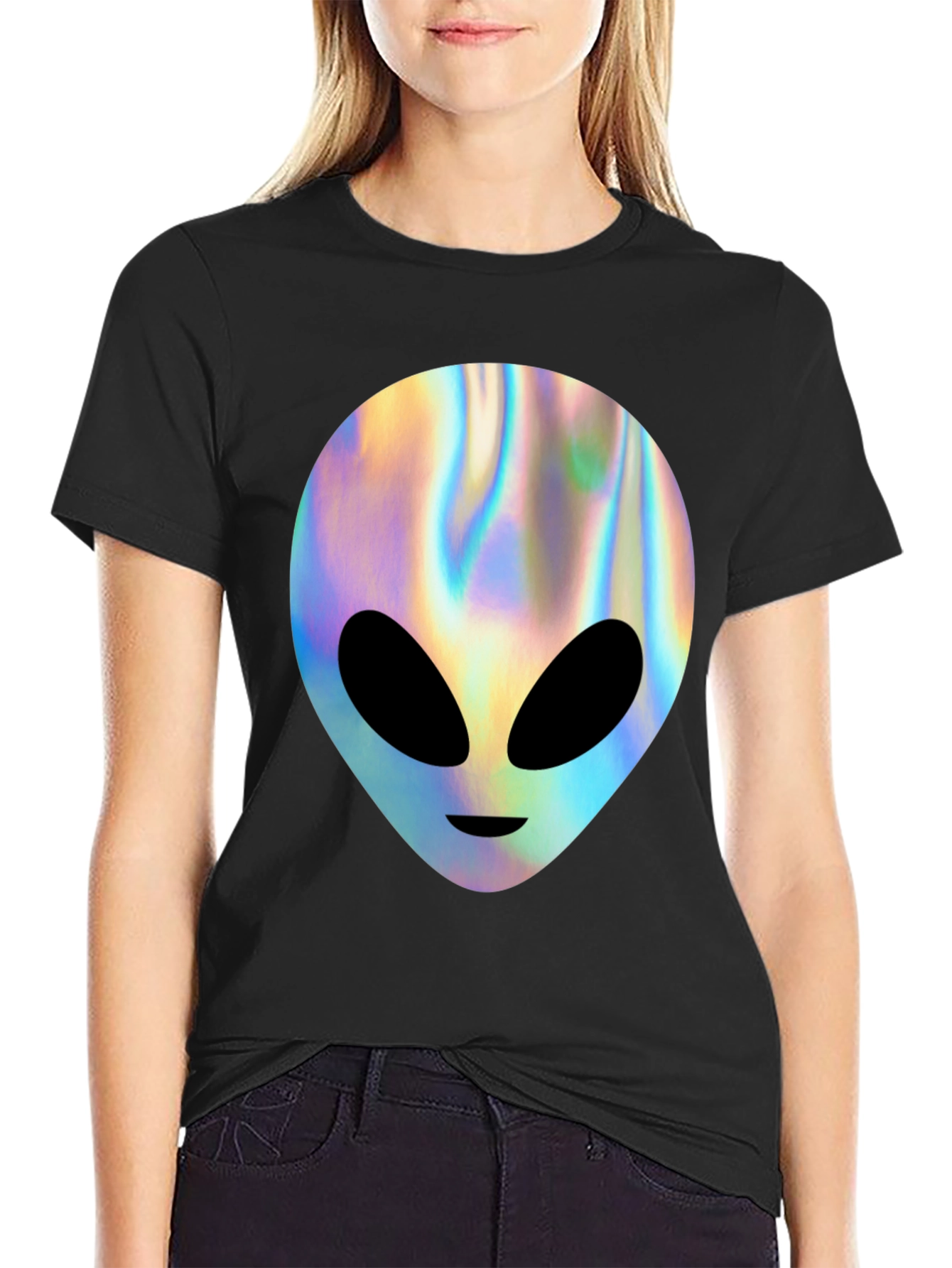 Holographic Alien Graphic T-Shirt - Trendy Outer Space Tee